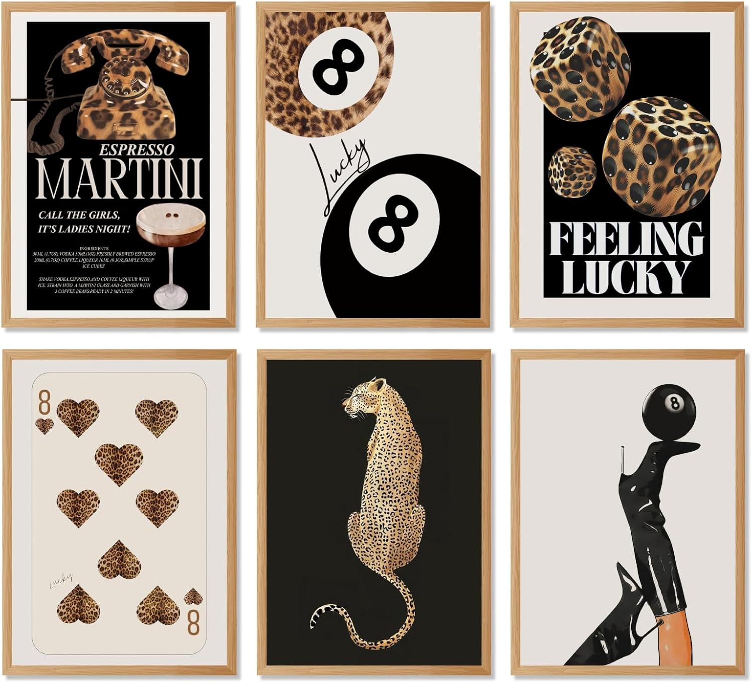 Luxury Leopard Wall Art Set of 6 Glam Cocktail Martini Glass Cheetah Woman Poster Vintage Heels Clock Newspaper Canvas Prints Aesthetic Wall Decor for Girly Bedroom Home 16x24inch Unframed