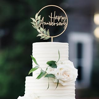 Happy Anniversary Cake Topper in Wood Greeny Wedding Anniversary Cake Decoration (Design 03)