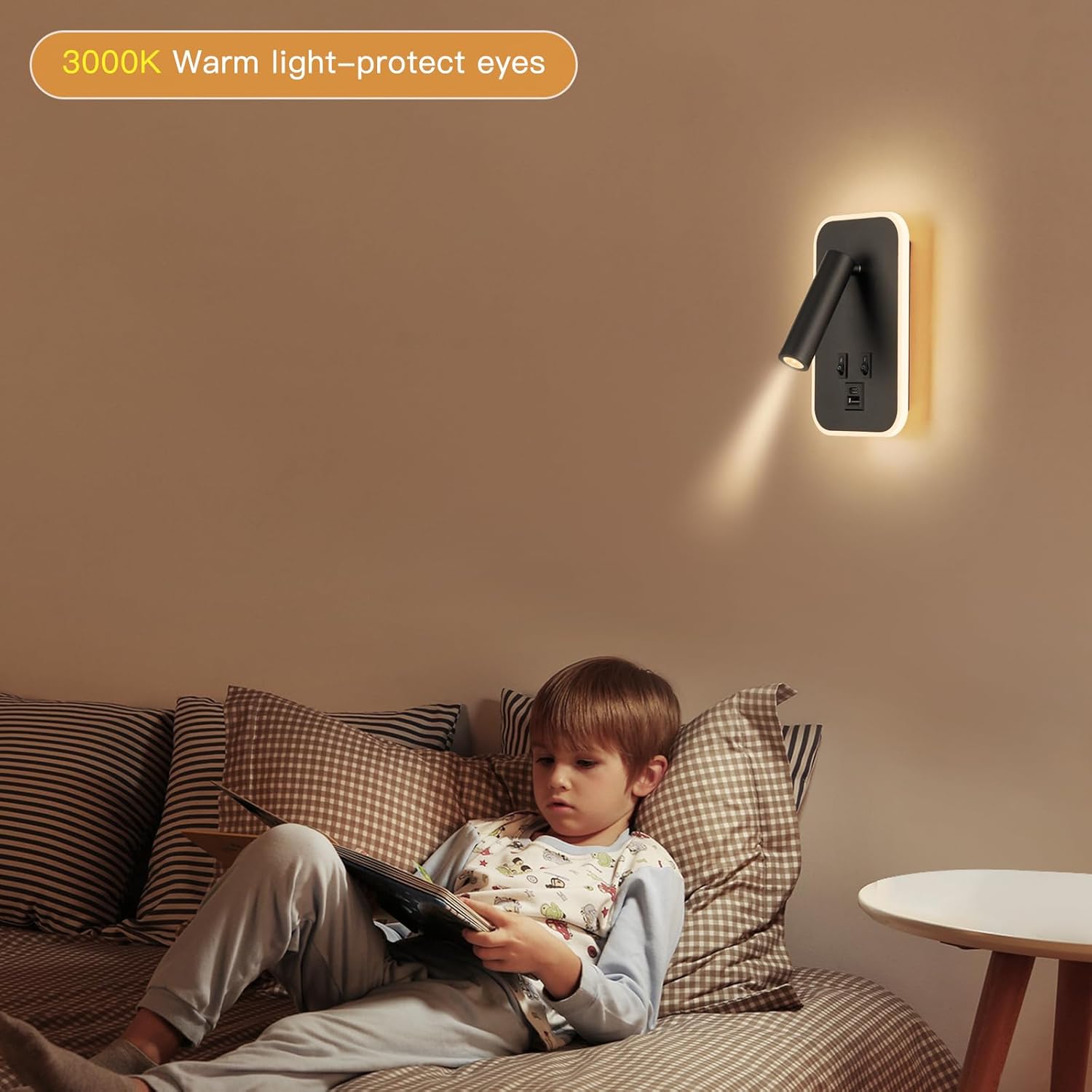 Headboard Reading Light, Bedside Lamp Plug in Hardwired 2 in 1 Wall Sconce Bedside Lamps USB C+A Ports, Adjustable Headboard Lights for Bedroom with 10W+3W Wall Mounted Reading 3000K (Black)