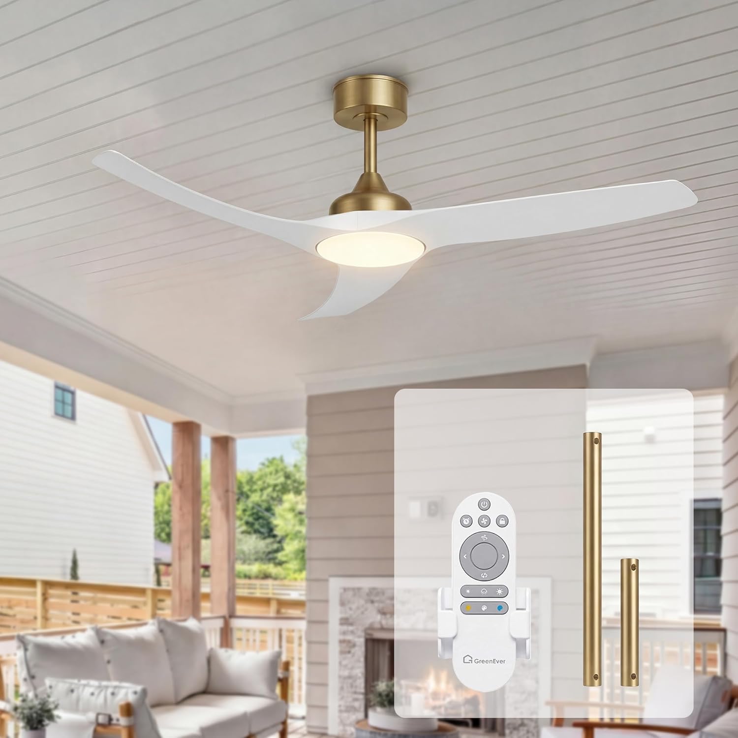 GREENEVER 52 Inch Indoor Outdoor Ceiling Fan with Light and Remote, Damp Rated Quiet Reversible DC Motor, 3CCT Dimmable Memory LED, Modern Luxury Fan for Patio Master Bedroom, Gold White by GRANDJOY