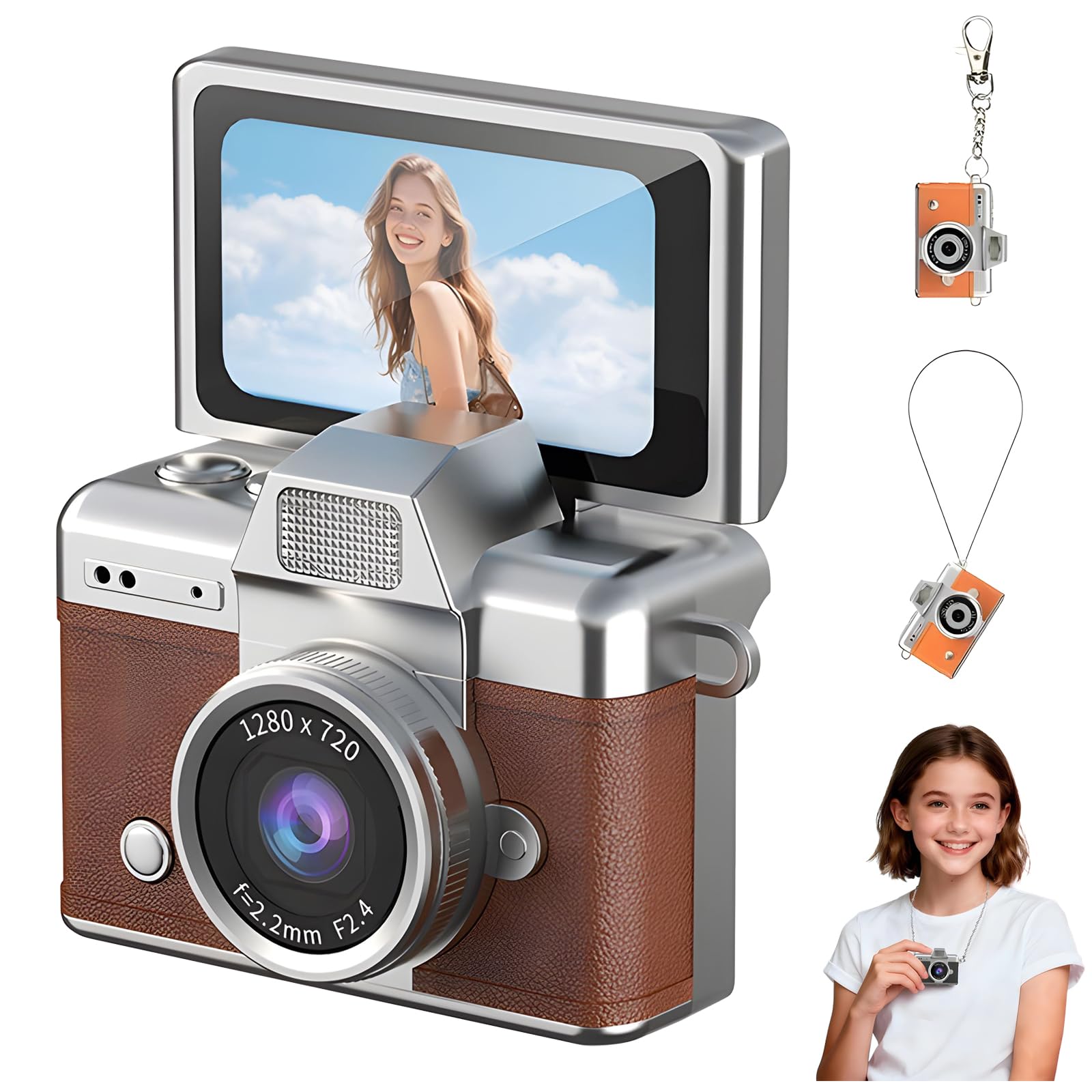 Mini Digital Camera with 1.47 in LCD Screen, 1080P Flip Screen Ultra-Compact Tiny Camera, Mini Keychain Camera, for Kids &amp; Adults, Collectible Gift for Travel, Birthdays &amp; Stocking Stuffers (Brown)