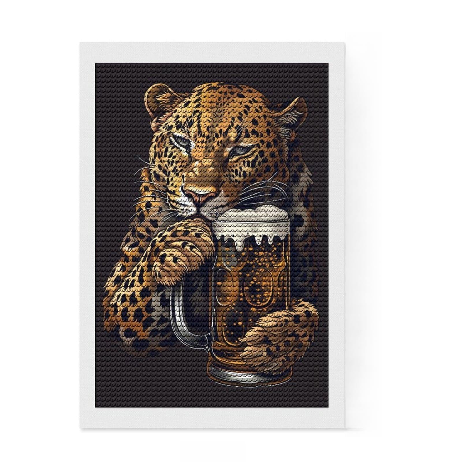 Junmoney Leopard Beer Diamond Style Art Kit 8"x12", Bedroom Decor, Festive Craft Gift, Farmhouse Decor, Holiday Gift Idea