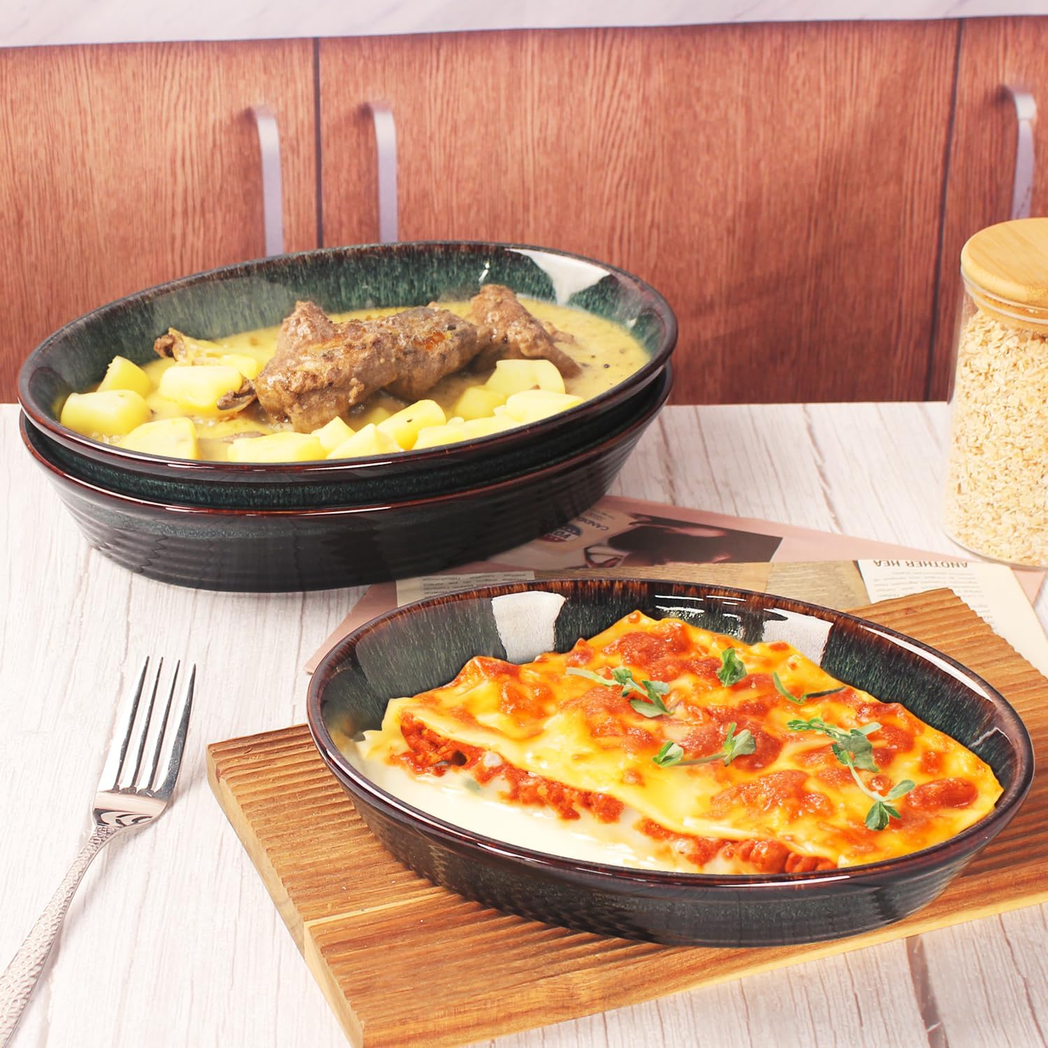 Oval 9.5 x 7 Inch Ceramic Pie Pan Quiche Baking Dish Set of 2, 22 Ounces Non-Stick Pie Dish Quiche Pan, Tart, Pot Pies, Dessert, Pie Plate for Apple, Oven, Dishwasher and Microwave Safe