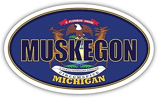 Muskegon City Michigan State Flag | MI Flag Muskegon County Oval State Colors Reflective Sticker Car Decal 3x5 inches