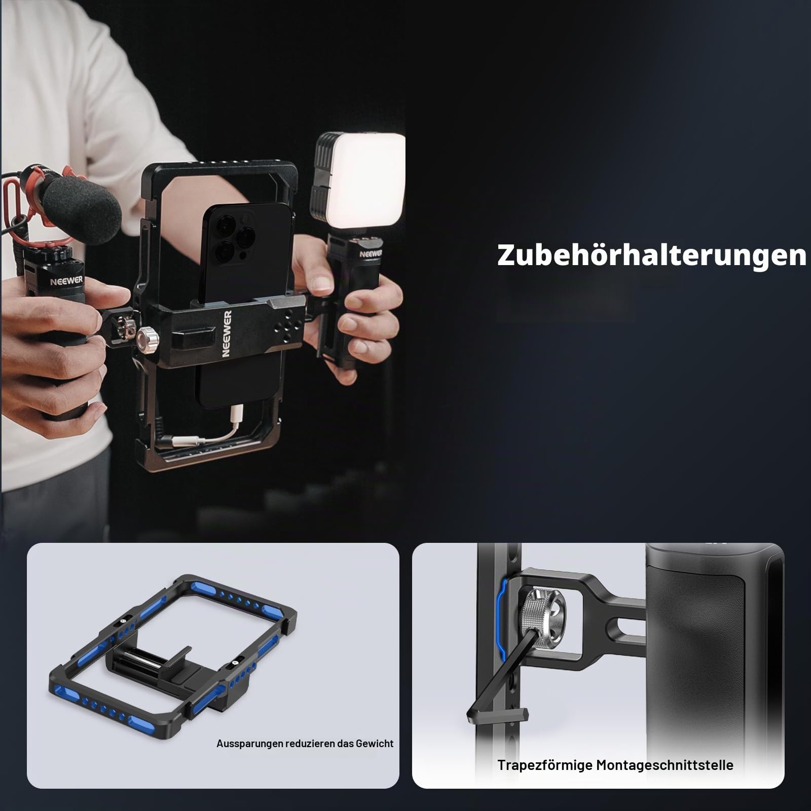 NEEWER Universal Phone Käfig Handy Stabilisator Video Rig Beleuchtung Set mit Bluetooth Auslöser Seitengriff, LED Licht, USB C Mikrofon, kompatibel mit iPhone 16 Pro Max 15 Pro Max S24 Ultra, PA009E