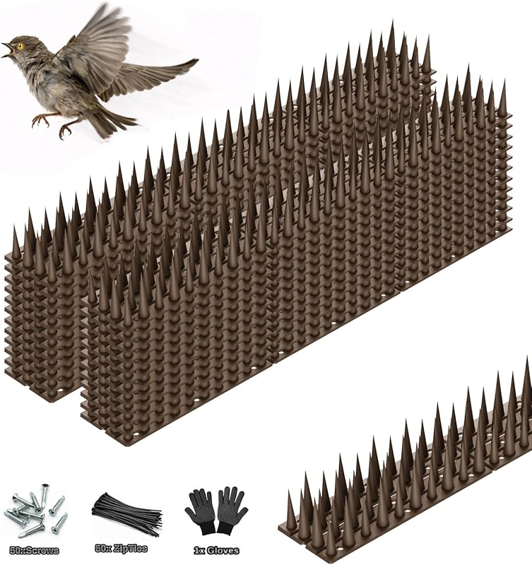 Picos para pájaros, paquete de 24, cobertura total de 33.5 pies, disuasivo de pájaros al aire libre para palomas y pájaros pequeños, ayuda a mantener alejados a los gatos y ardillas, picos de plástico para cercas, barandillas y techos, color marrón