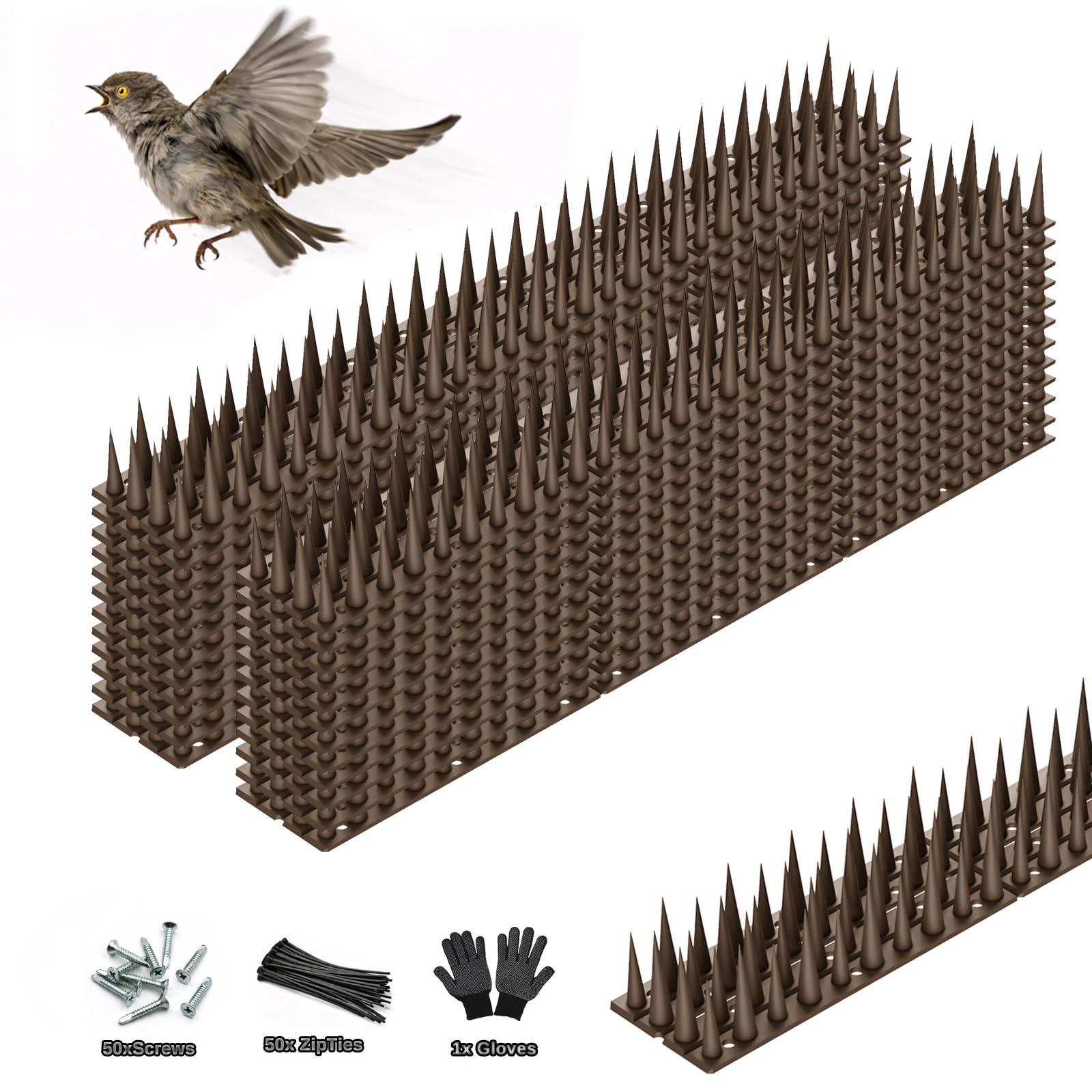 Photo 1 of Bird Spikes, 30 Pack, 41.9 FT Total Coverage, Outdoor Bird Deterrent for Pigeons and Small Birds, Helps Keep Cats and Squirrels Away, Plastic Spikes for Fences, Railings and Roofs, Brown