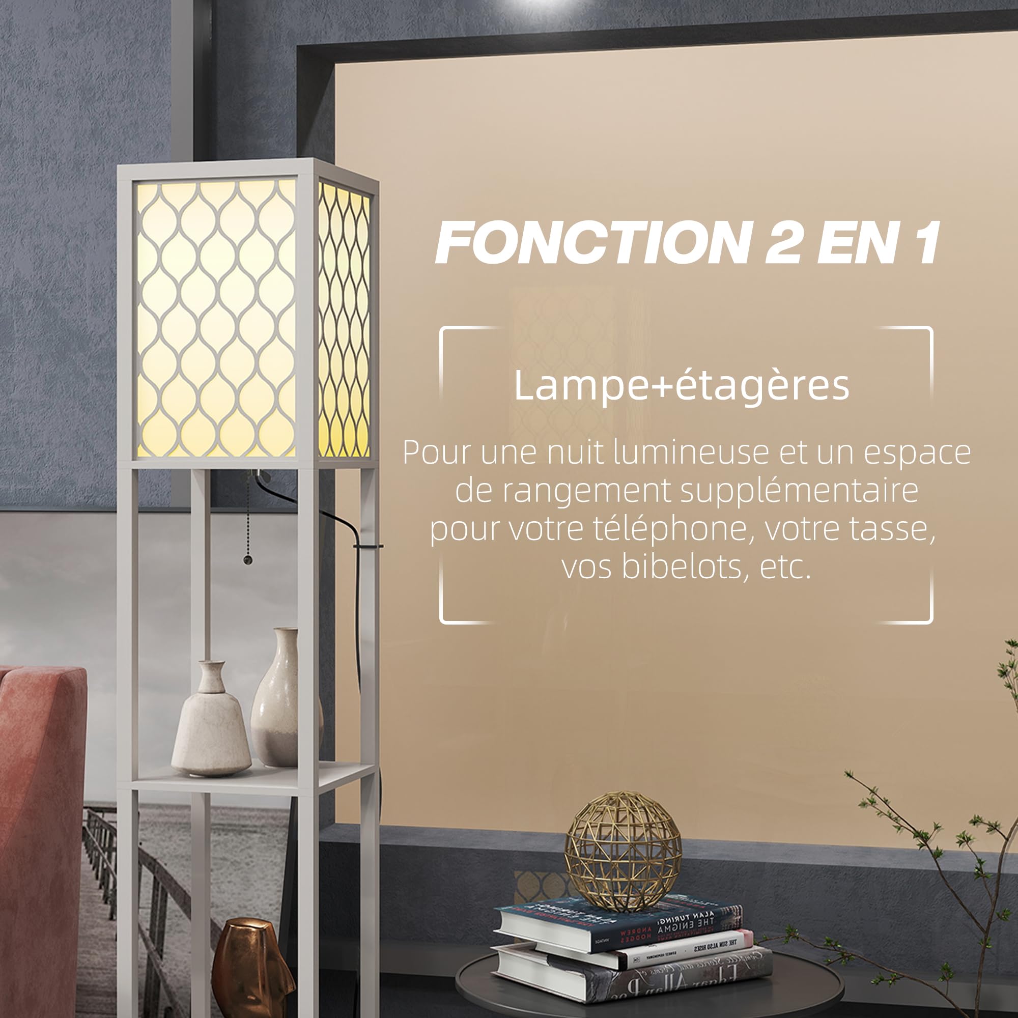 HOMCOM Lámpara de Pie con Estante, 2 Lámparas con Casquillo E27, 2 Estantes, 4 Niveles, Diseño de Nido de Abeja, Pantalla de Terileno Algodón, MDF, Gris