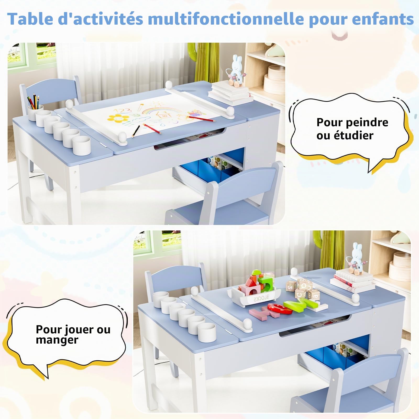 MAMIZO Table pour Enfant avec 2 Chaises, Bureau Enfant en Bois avec Rangement, Bureau avec Rangement pour Fille Garcon 3+ Ans, Table a Dessin avec Rouleau de Papier pour Jouer Dessiner (Bleu)