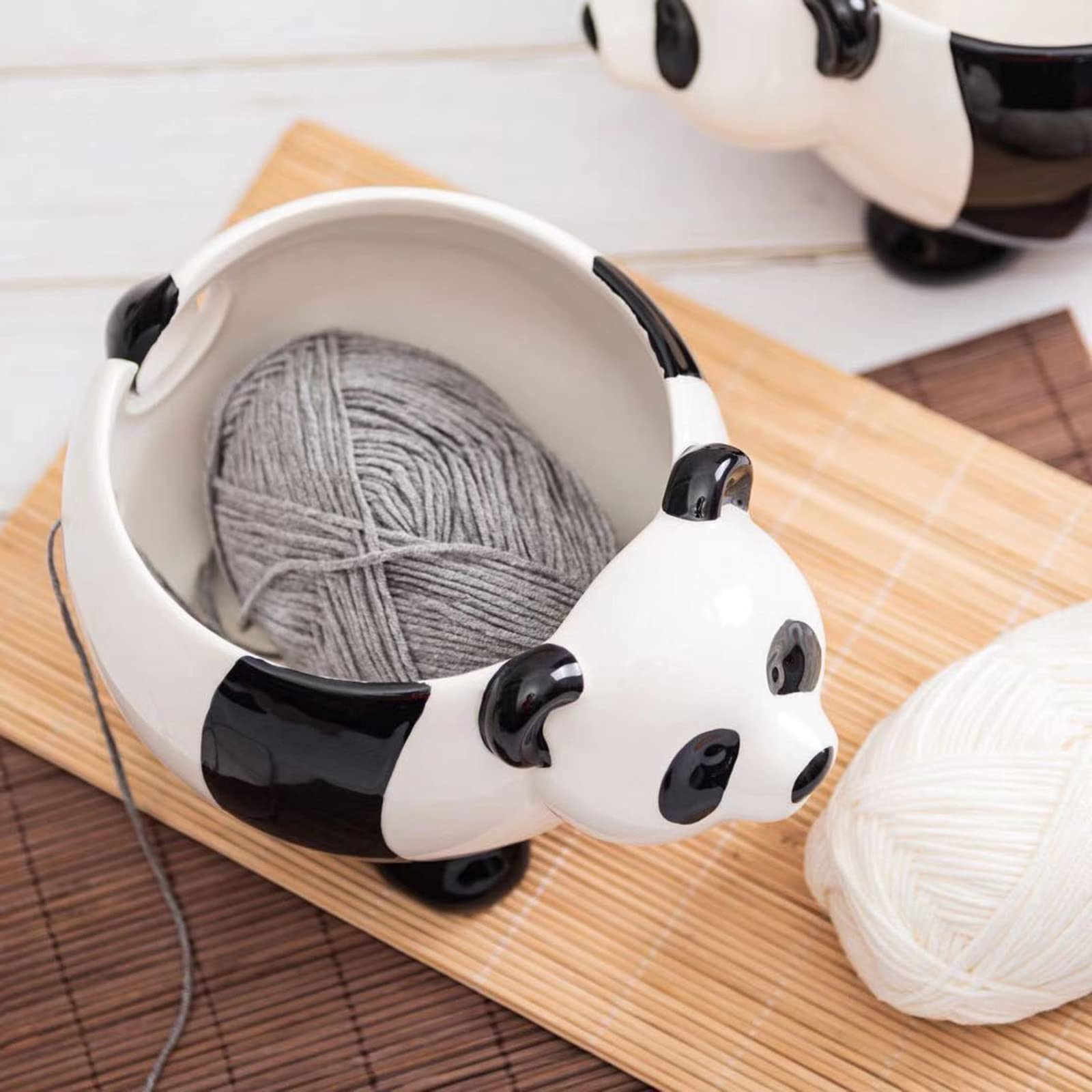 Keramik-Garnschale, Panda-Strickwolle für Strick- und Häkelprojekte, handgefertigte Wollschale, schützt Wolle und verhindert Verheddern, 19,8 x 10,7 cm Schwarz, M