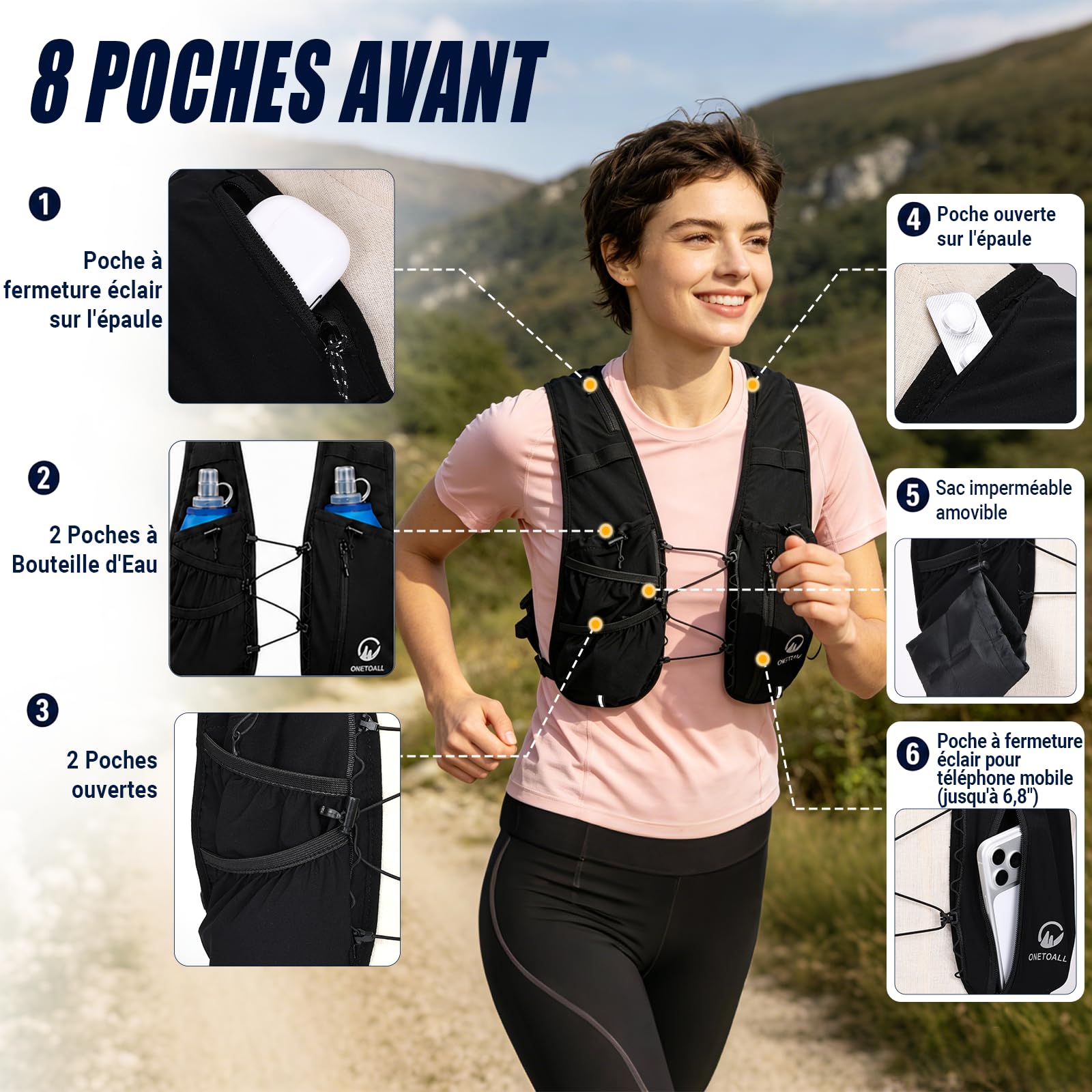 Gilet Hydratation Running Femme - 2 Gourdes Souples 500ml + Lumière LED, Sac de Course à Pied Léger pour Homme, Marathon, Trail, Randonnée