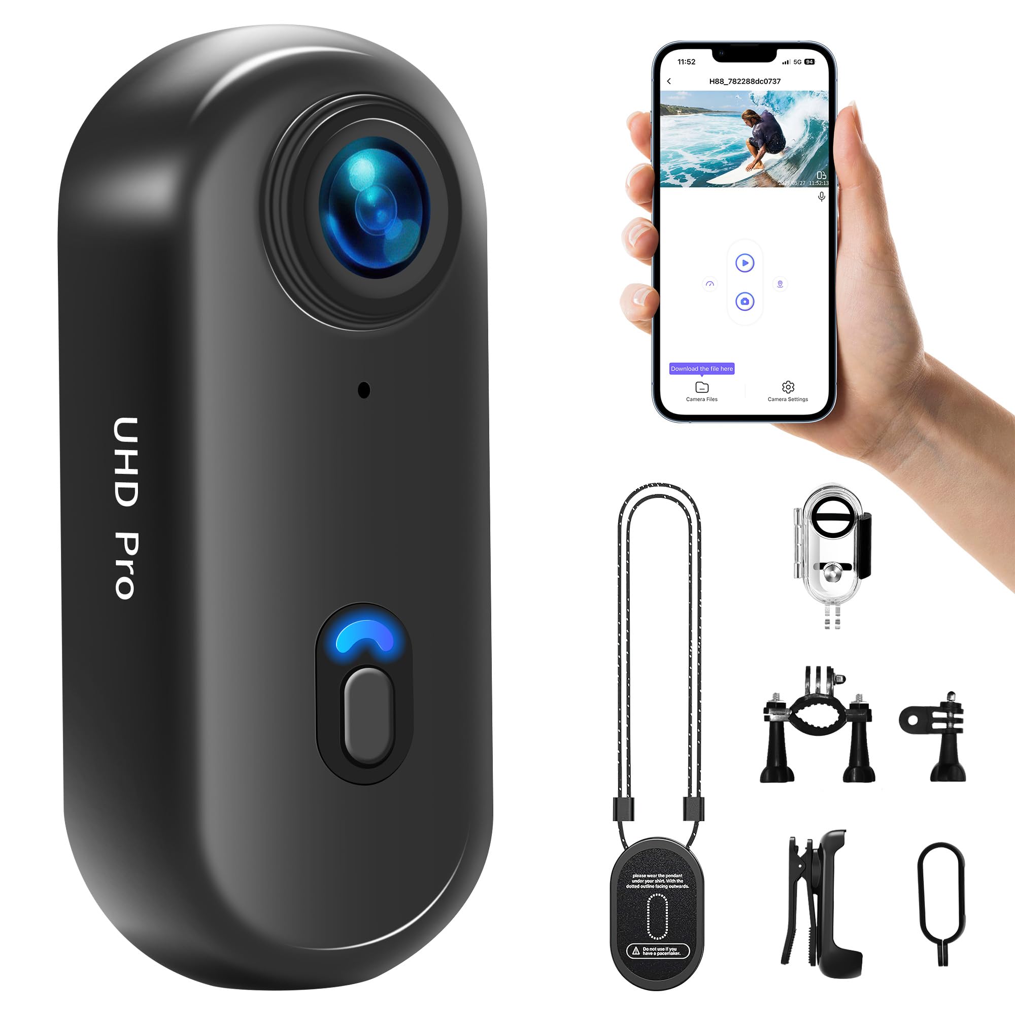 mini camera action waterproof 4k moto black