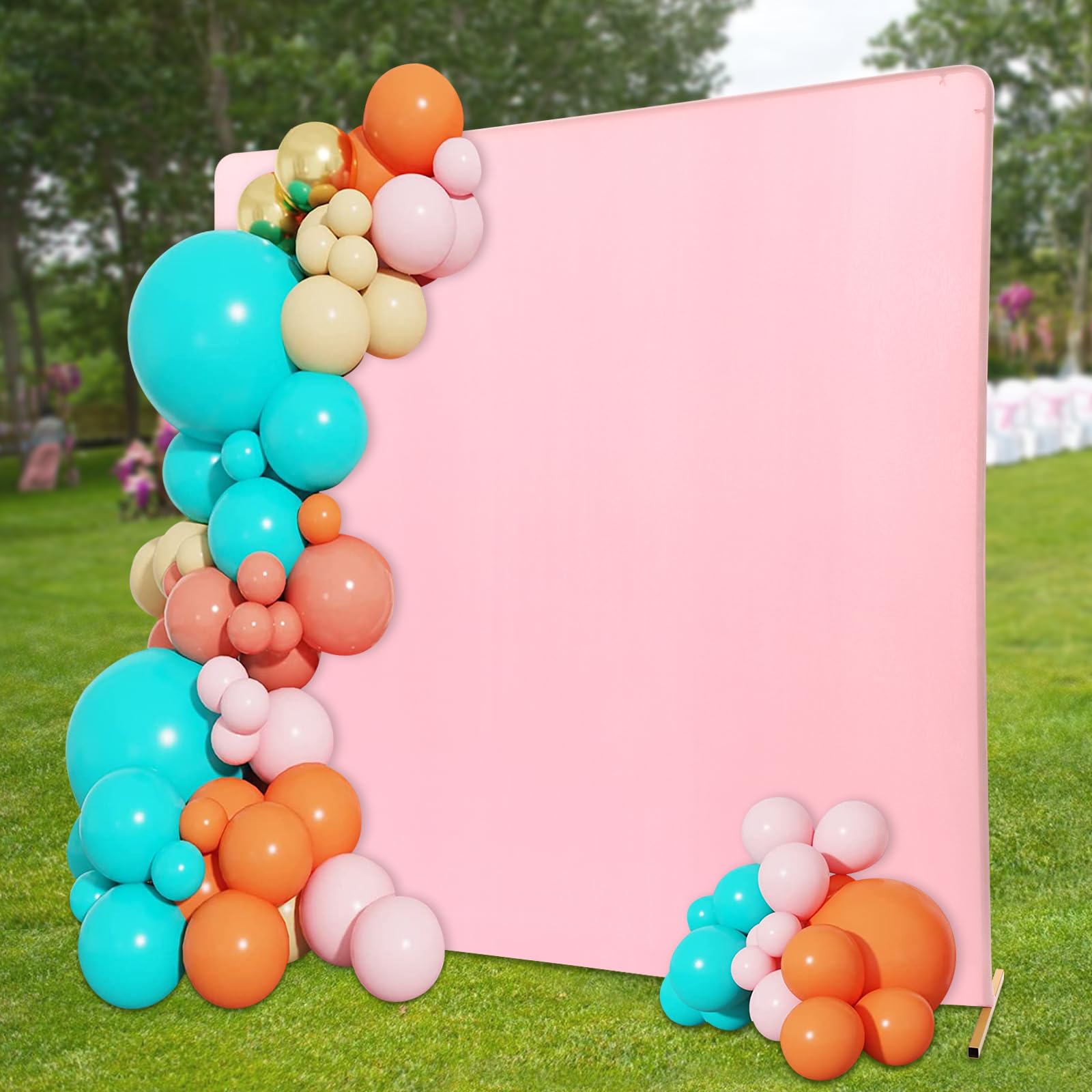 Stojak na kwiaty weselne, 2 x 2 x 0,5 m, kwadratowy łuk balonowy z pokryciem materiałowym, metalowy łuk balonowy na wesele, ceremonię, imprezę (złoty stojak + różowe obicie materiałowe)