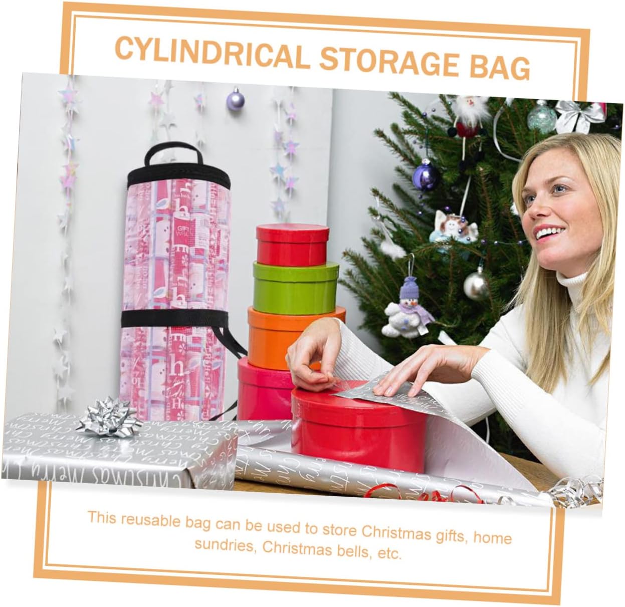 OHPHCALL Christmas Gift Pouch Cylindrical Storage Bag Xmas Plastic Pink