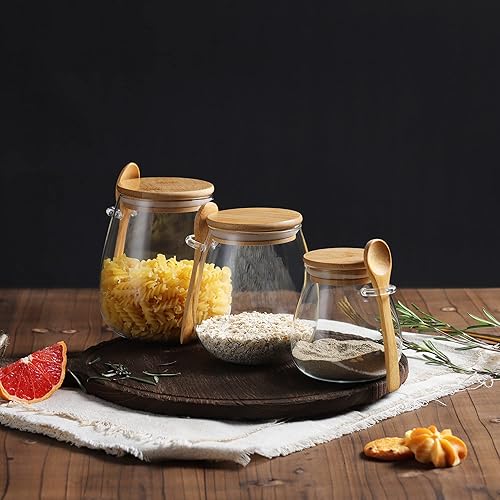 Miniatura 2 de Joeyan Tarro de vidrio con tapa hermética de bambú y cuchara adjunta, recipiente de condimentos para especias de azúcar y sal de 12 onzas, olla