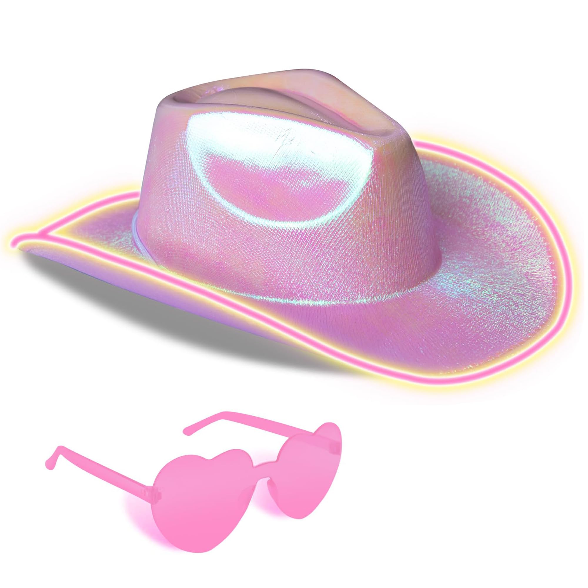 Goenb Sombrero de vaquero rosa, sombrero de vaquero para mujer, sombrero de vaquero, sombrero de vaquero para mujer, sombrero de vaca para niña, disfraz de vaquera, ala LED, brillante, para mujer,