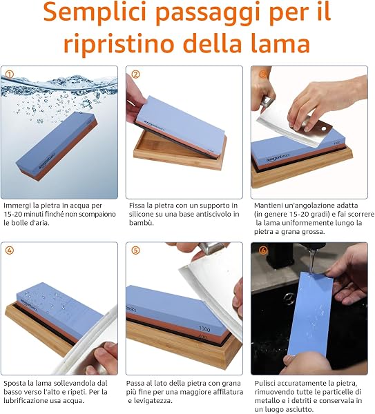 Amazon Basics Piedra de afilar de cuchillos de doble cara, grano 400/1000 con base de bambú antideslizante, color azul y rojo, 18 x 6,1 x 2,8 cm - 4