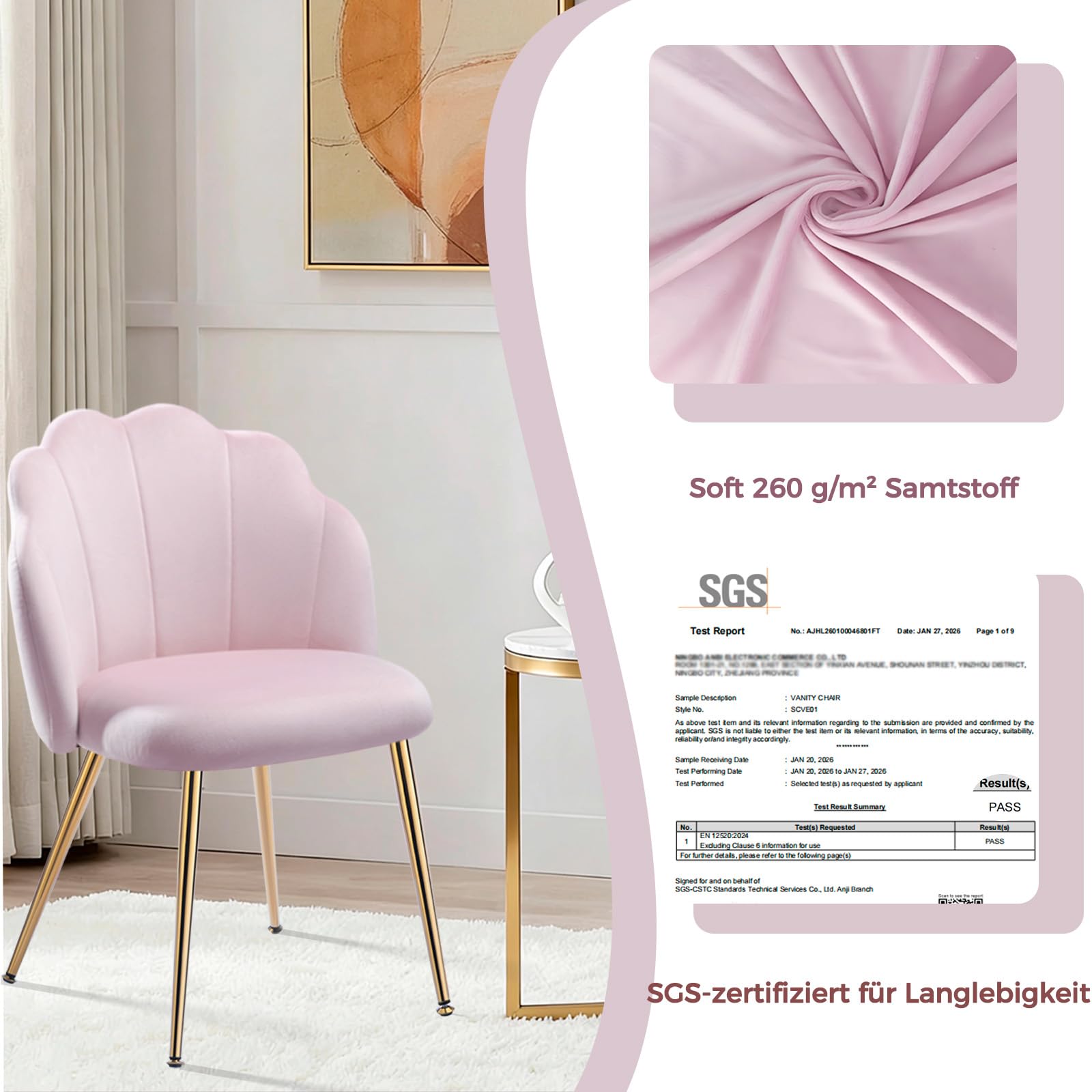 Schminkstuhl Rosa mit Goldbeinen – Schminktisch Stuhl Glamouröser Muschel Sessel | Vanity Chair Pink | Polsterstuhl für Schlafzimmer, Mädchenzimmer – Aesthetic Decor
