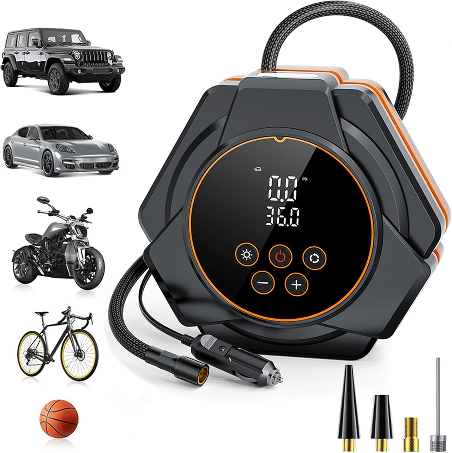 Tire Inflator Portable Air Compressor – 150 PSI Air Pump with Dual Digital Display, Auto Shut-Off, LED Light – 4X Faster Inflation Handheld Tire Inflator 12V DC Car Plug,Motorcycle, Bicycle, Balls