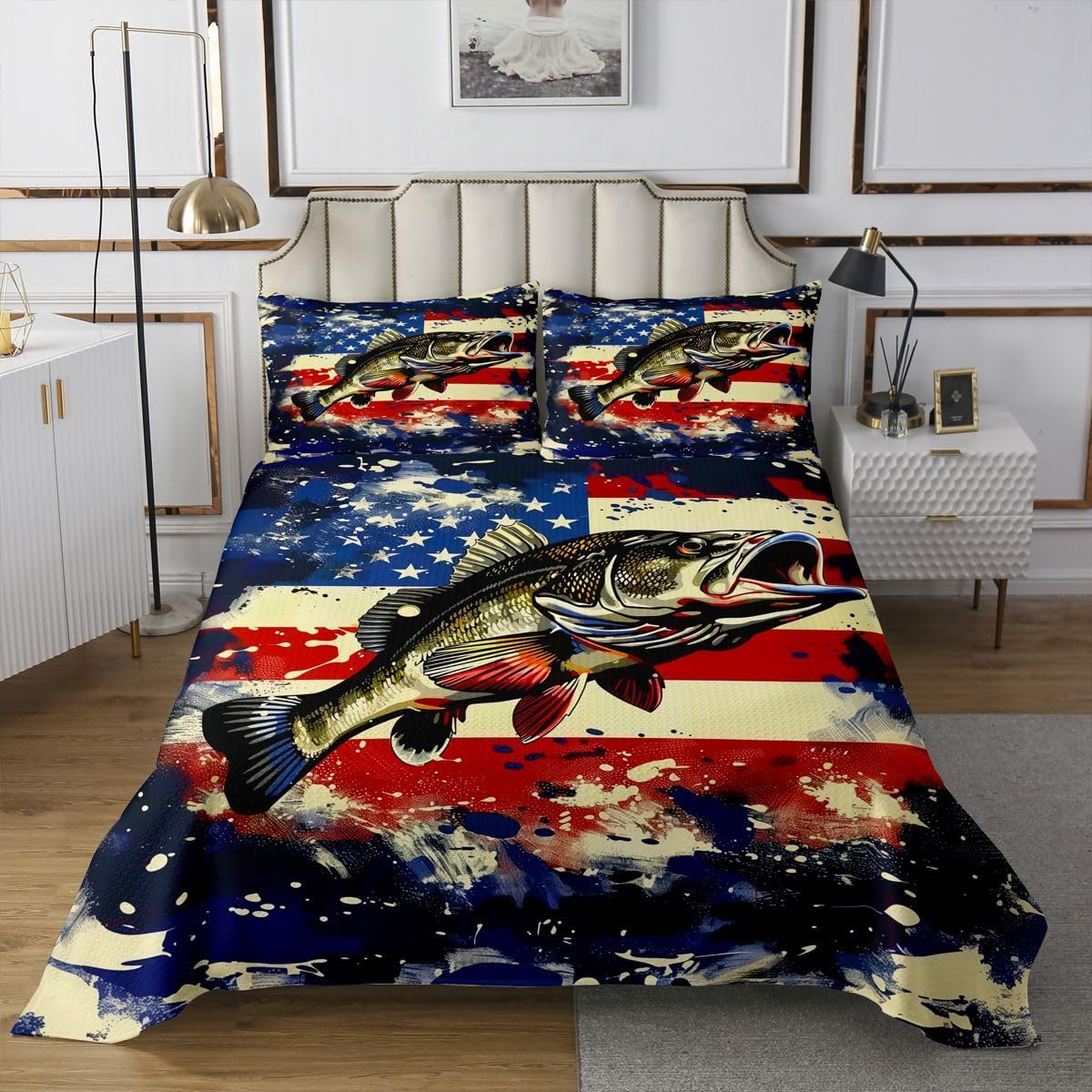 jejeloiu Big Pike Fishing Bedspread King Size American Flag Coverlet Set Hunting Fishing Quilted Coverlet for All Season with 2 Pillowcases Western Farmhouse Microfiber Lightweight