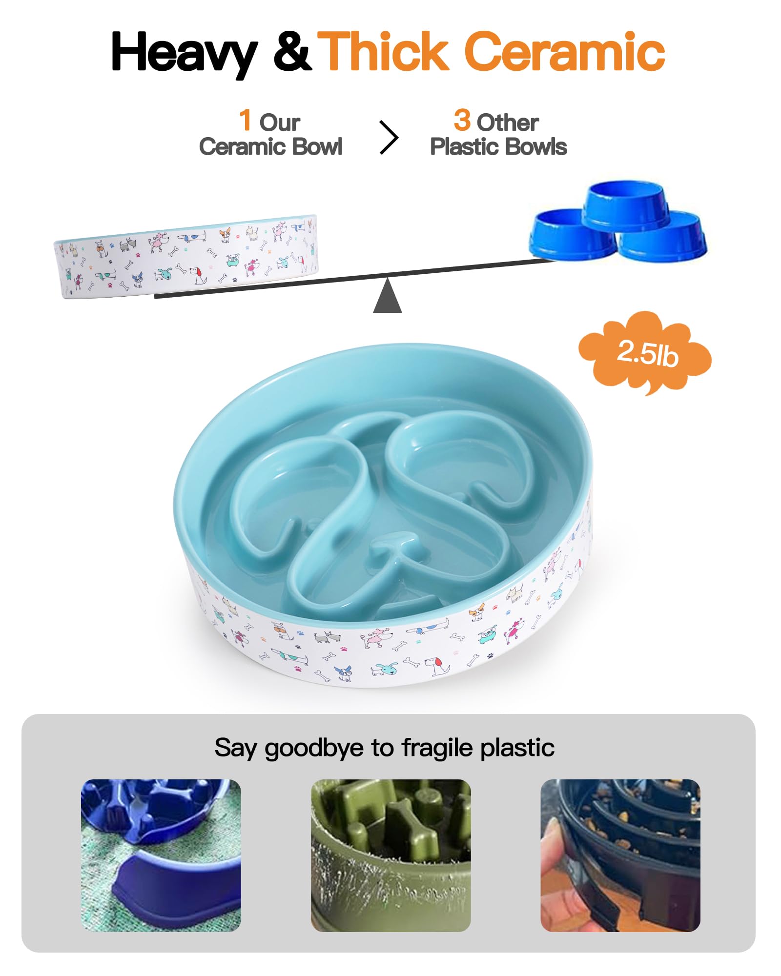 Cuenco de cerámica de alimentación lenta para perros, 1.5 tazas, cuenco de alimentación lenta para perros de razas pequeñas y medianas, cuenco de comida para perros para comedores rápidos,