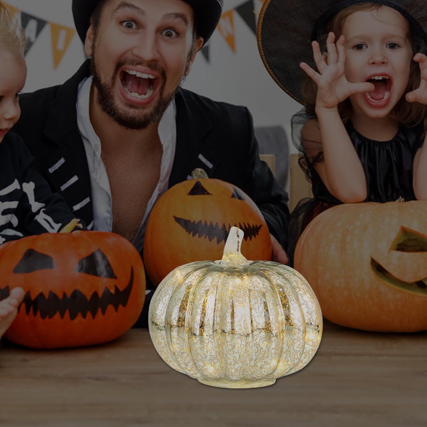 Silver Glass Lantern Halloween Pumpkin Centerpiece Flickering LED Lights Fall Decoration