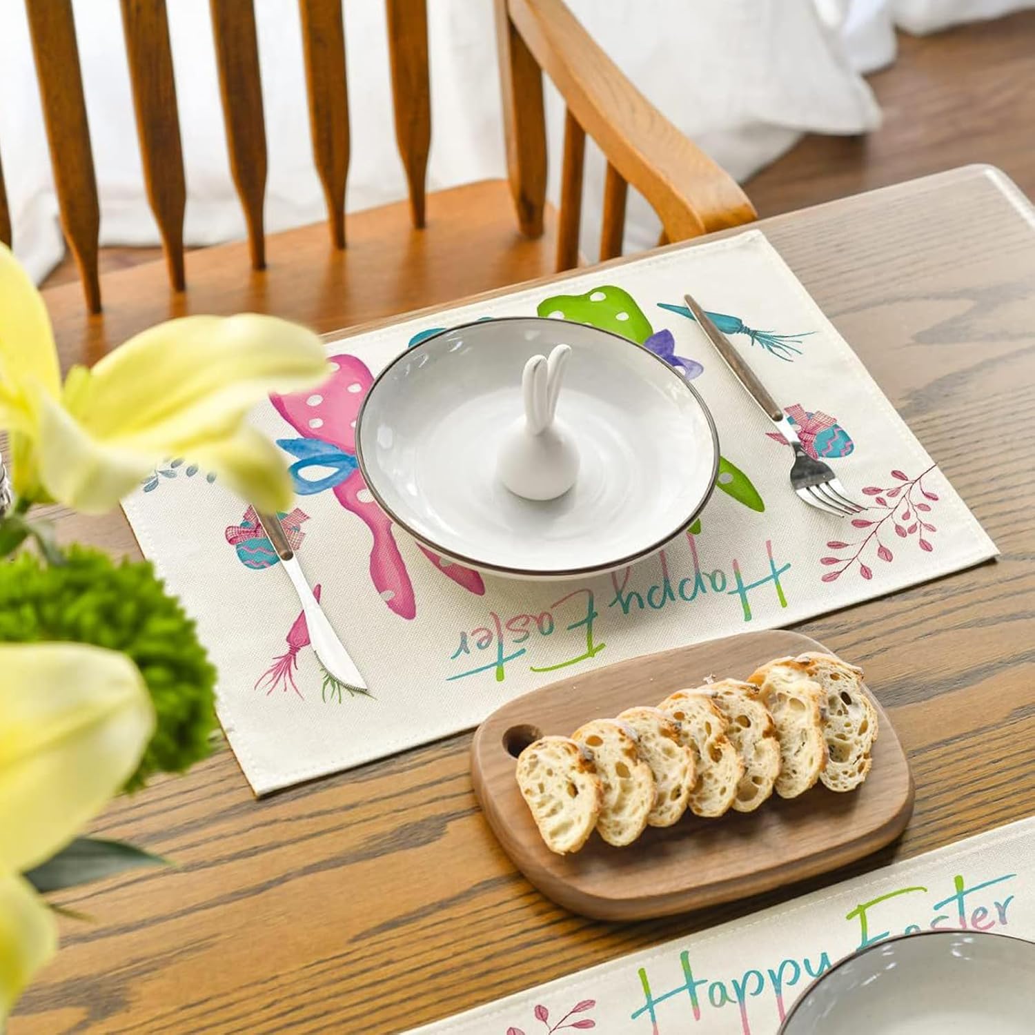 BETEAM Easter Placemats Set of 12 Bunny Line Placemat for Dining Table Rabbit Washable Spring Kitchen Place Mats Durable Table Mats -E01, 12 Pcs