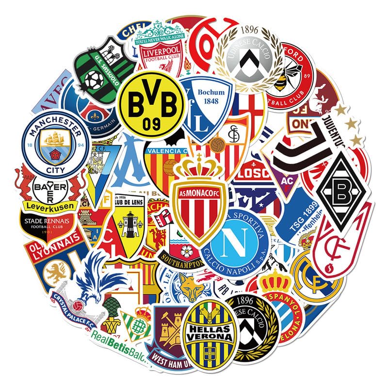 50PCS Autocollantes Logo de l'équipe de Football, Jeux de Football Autocollants, pour Ordinateur Portable Bagages, Stickers Vinyle Imperméables, pour Fans...