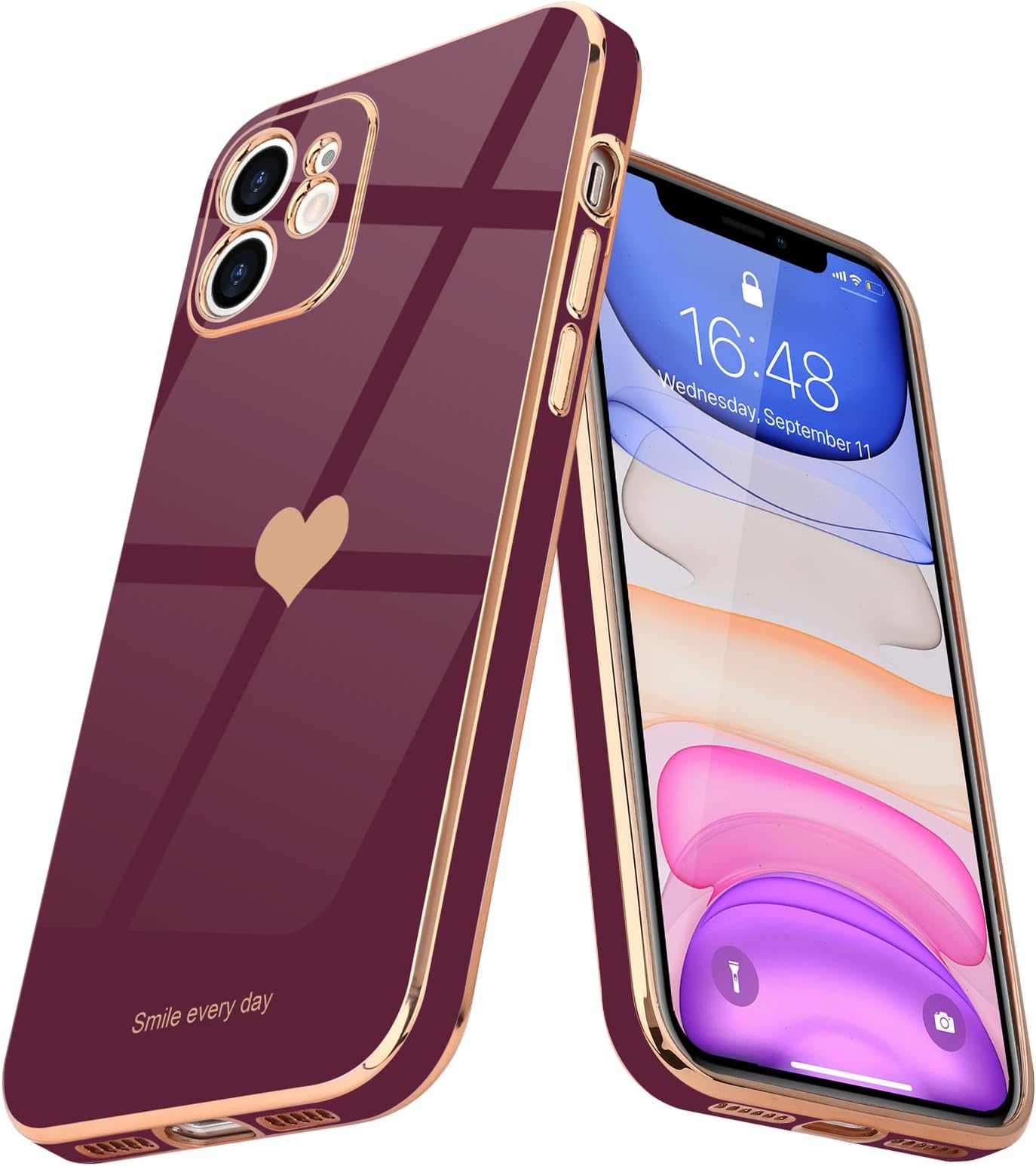 Compatible with iPhone 11 Case for Women Girl Cute Love Heart Luxury Bling Plating Soft Back Cover Full Camera Protection Bumper Silicone Shockproof Phone Case, Burgundy