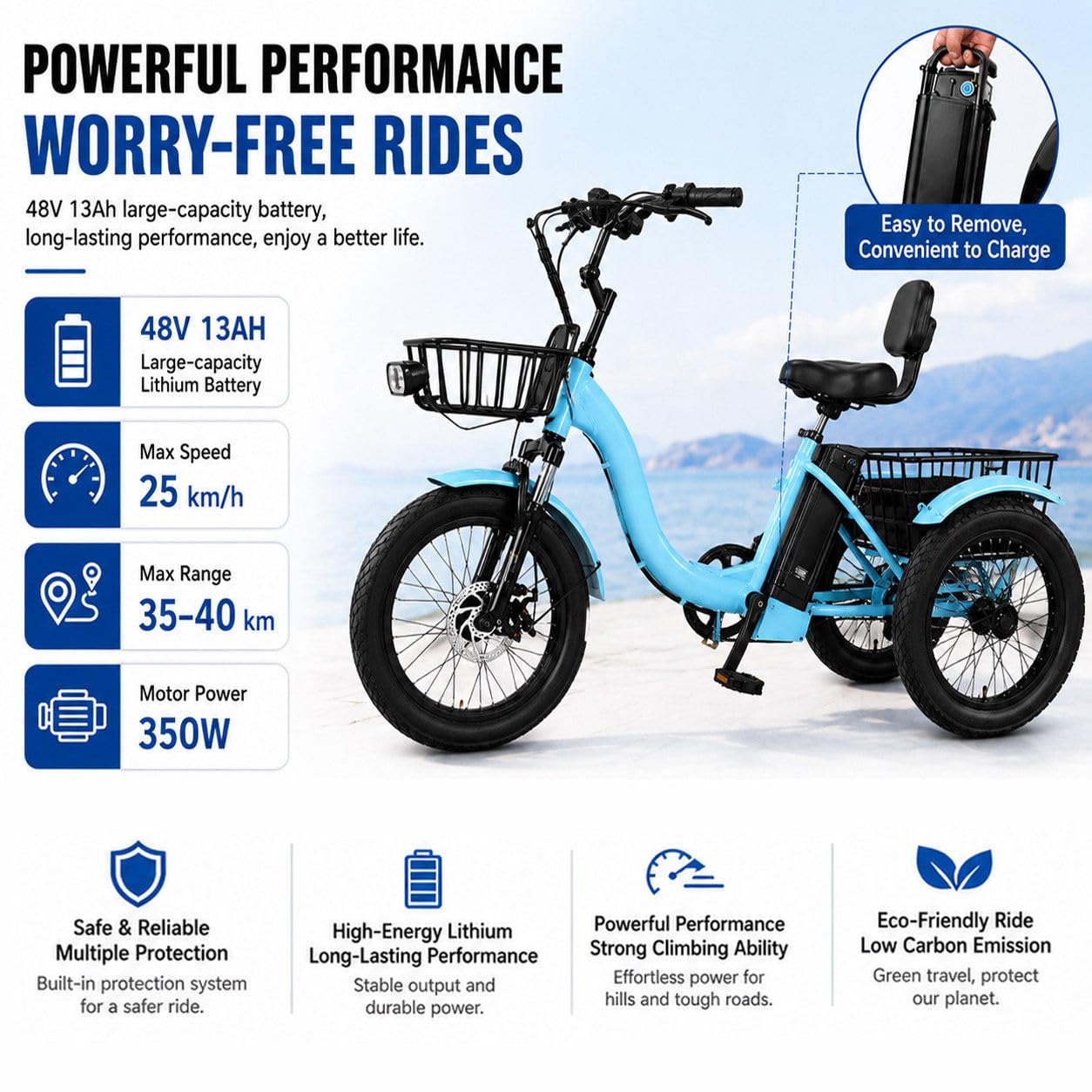 Triciclo Elettrico per Adulti Da 18 Pollici-Pieghevole,48v 13ah,350w A