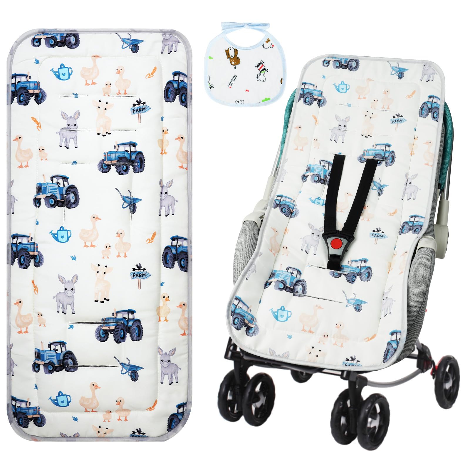AOGOE Baby Pushchair Seat Liner, Reversible Pram Liner with Bibs, Universal 100% Cotton Pushchair Liner Stroller Seat Pad, Breathable Buggy Seat Cover, Washable Warm Infant Seat Mat for Most Pushchair