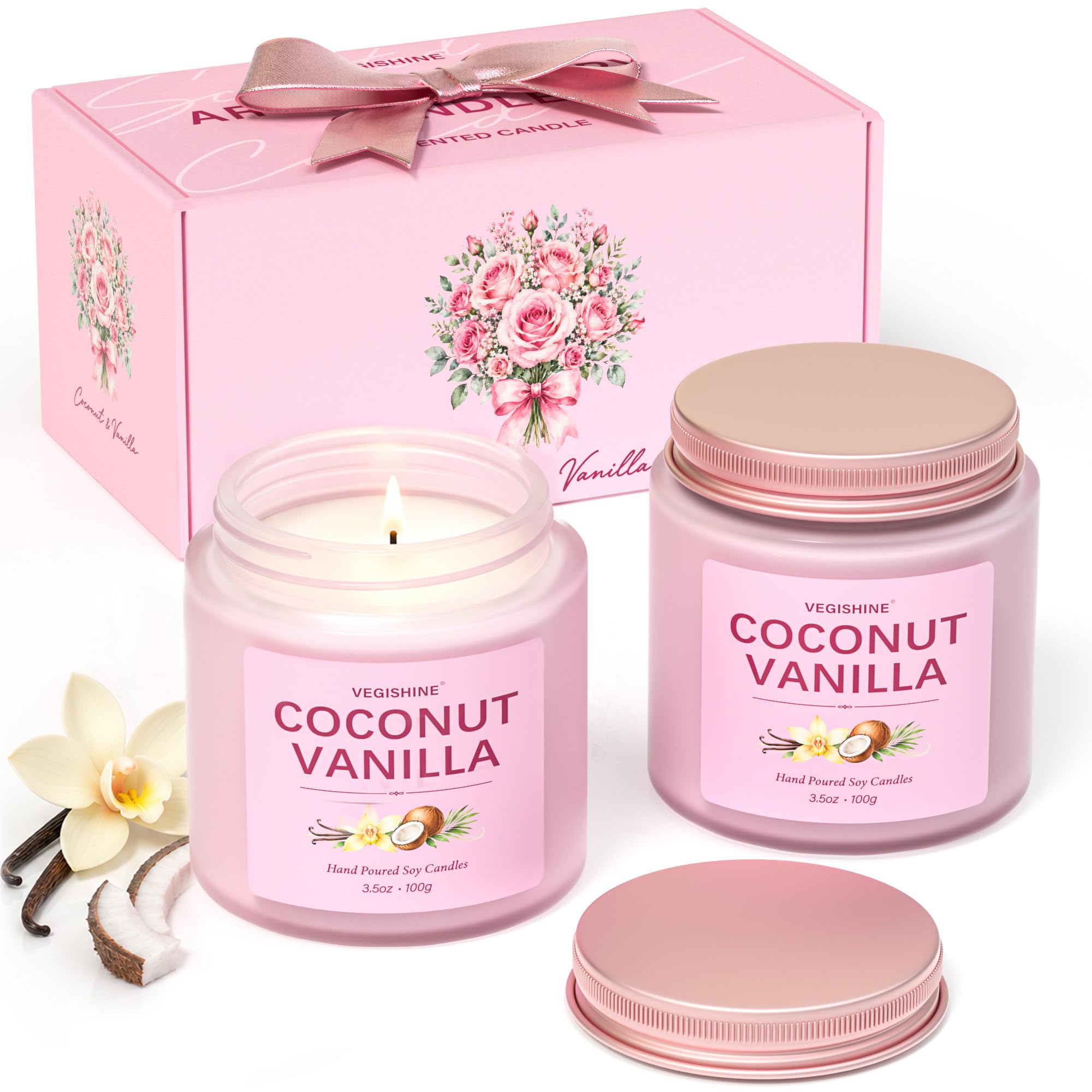 VEGISHINE Scented Candles Gifts for Women, 2 Pack Coconut & Vanilla Candle Gift Set, Soy Candles for Home, Birthday Christmas Mother Gifts Candle for Her, Mum, Wife or Girlfriend