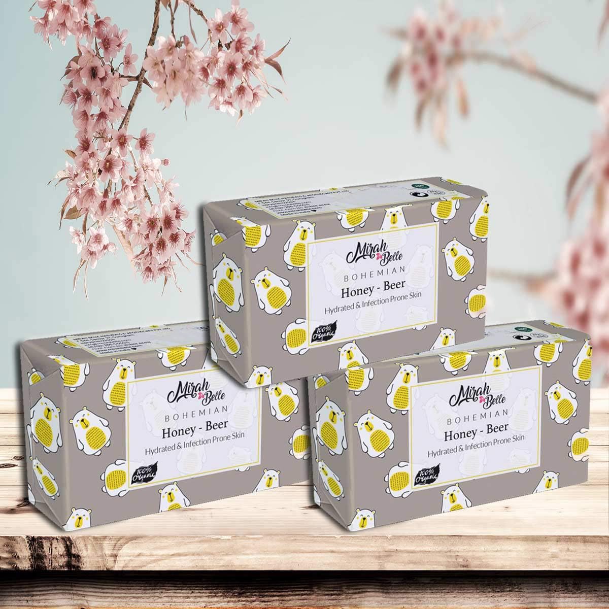 Mirah Belle - Organic Honey Beer Conditioning Soap Bar (Pack of 3) - Best for Dehydrated and Infection Prone Skin. Helps Smoothen and Soften Skin - 375 gms