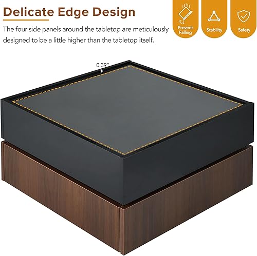 Miniatura 5 de Leisure Zone Mesa de centro cuadrada moderna con diseño minimalista de 31.5 x 31.5 pulgadas con bandeja desmontable y tira de luces LED enchufables