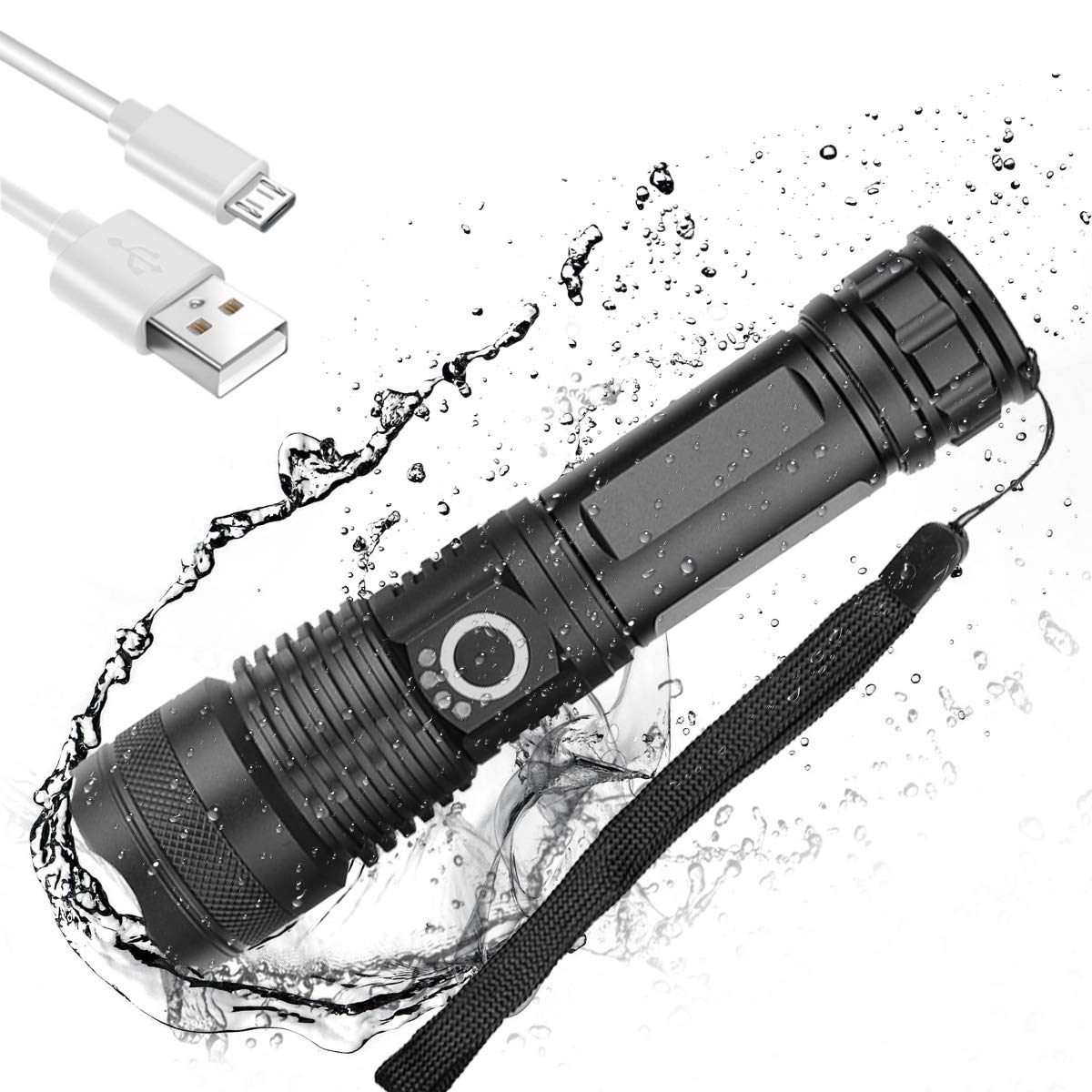 Pocketman LED Tactical Flashlight Rechargeable Torch Portable and Zoomable Outdoor IPX5 Water Resistant Flashlight with 5 Modes,USB Cable Included