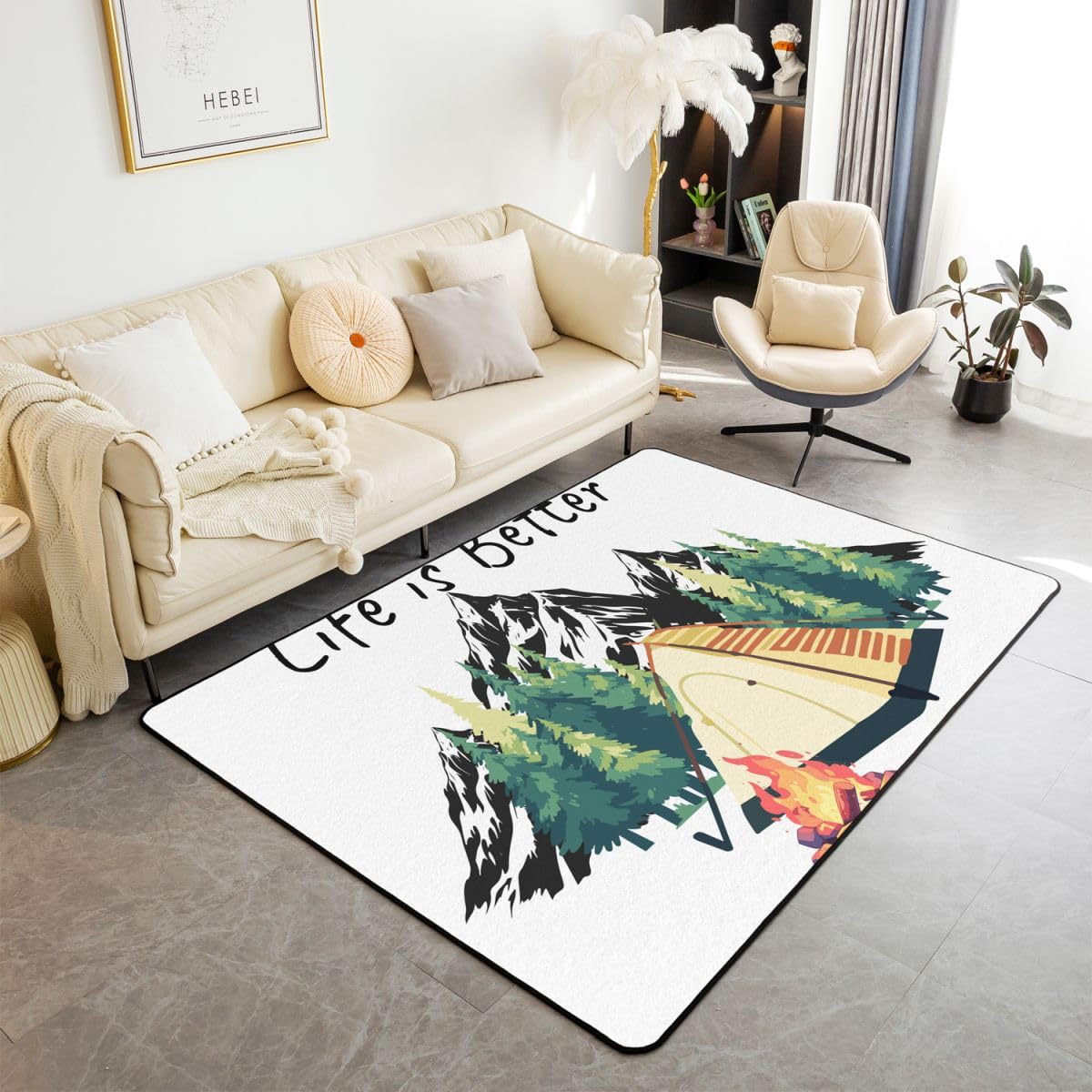 Homewish Camfire namiot glamping dywaniki 150 x 200 cm - czarny przydymiony górski kemping dywan do salonu obóz sosny nie gubi włosia dywan kamper dekoracja vintage duże dywany