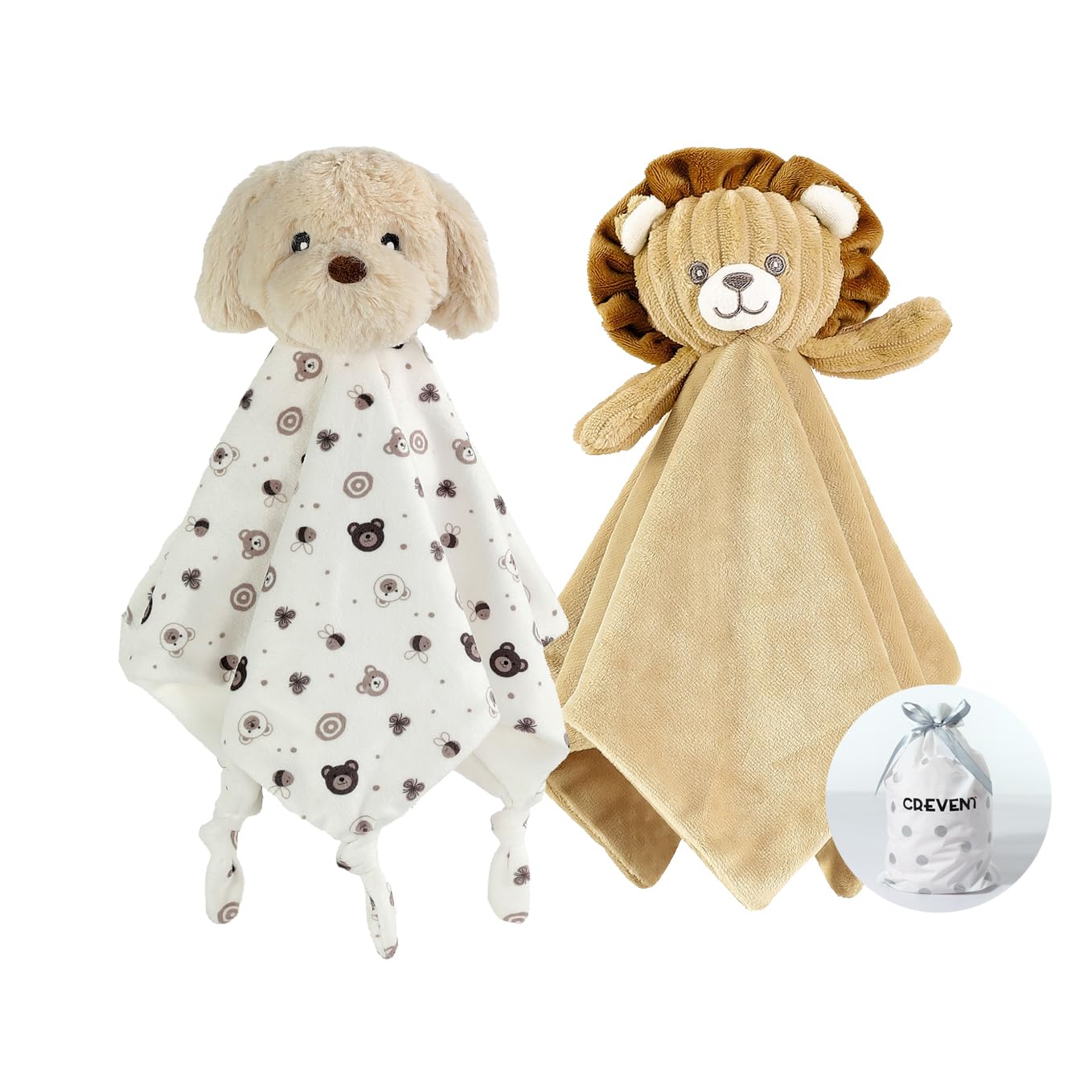 CREVENT Cozy Plush Baby Security Blanket, Loveys for Baby Girls and Boys, Birthday (Dog + Lion)
