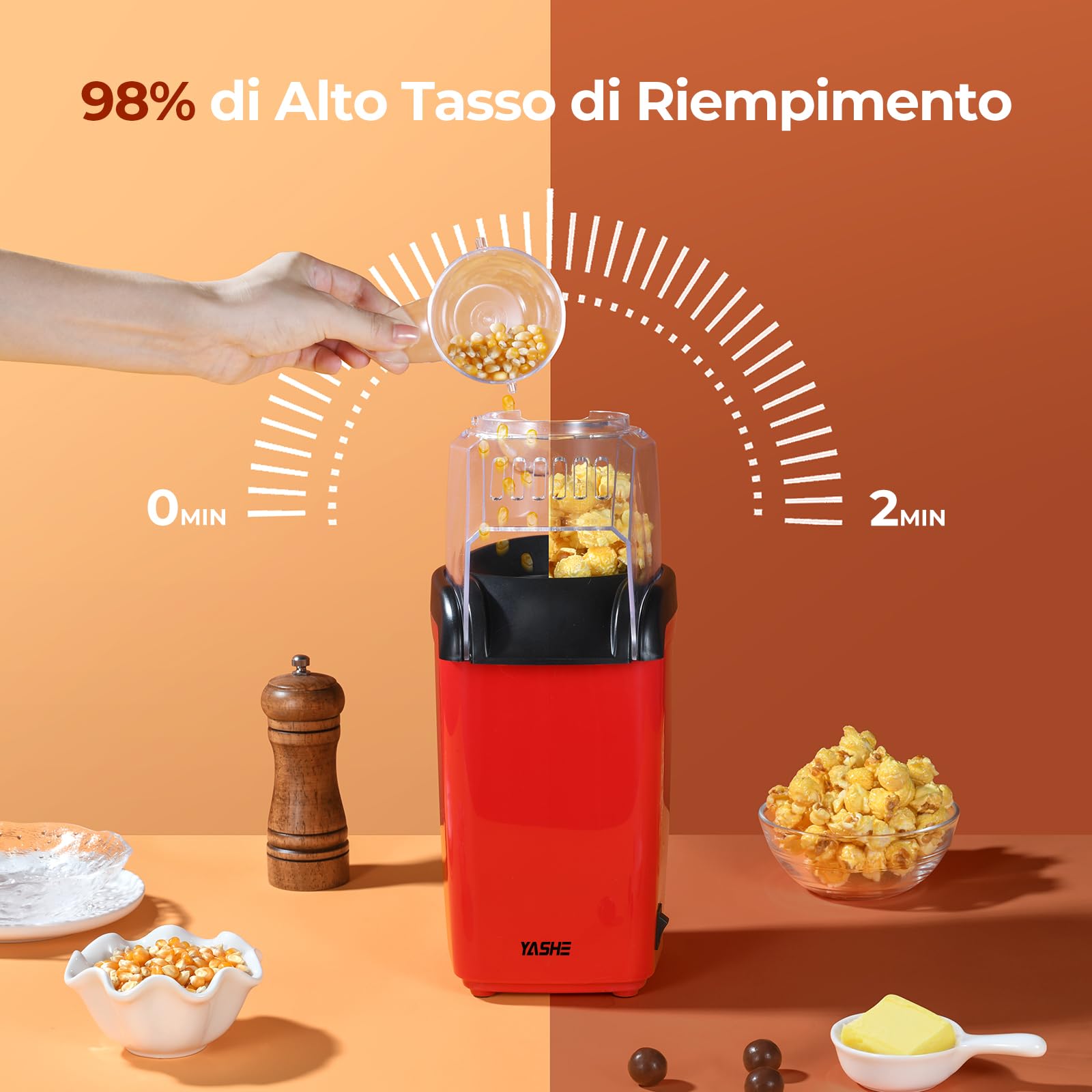 YASHE Macchina Popcorn, 1200W Macchina Pop Corn ad Aria Calda, Macchina per Popcorn in 2 Minuti, Sano e senza olio per le serate di cinema, Rosso