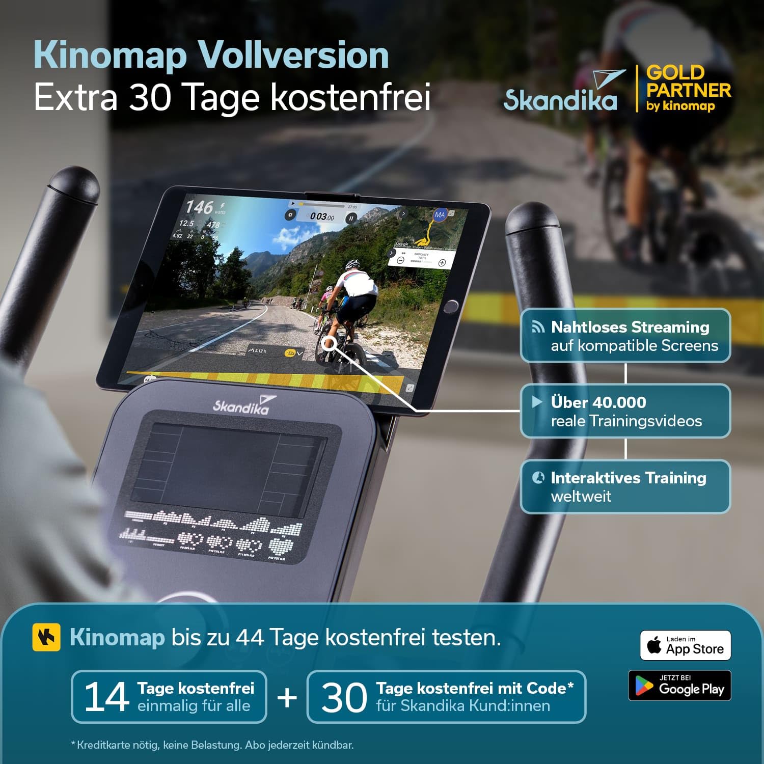 Skandika Ergometr Cykling P10 | rower treningowy z 32 poziomami oporu, hamulec magnetyczny, do 135 kg i 200 cm, wyświetlacz LCD, 13 programów, Bluetooth, połączenie z aplikacją, mapa kinowa | rower