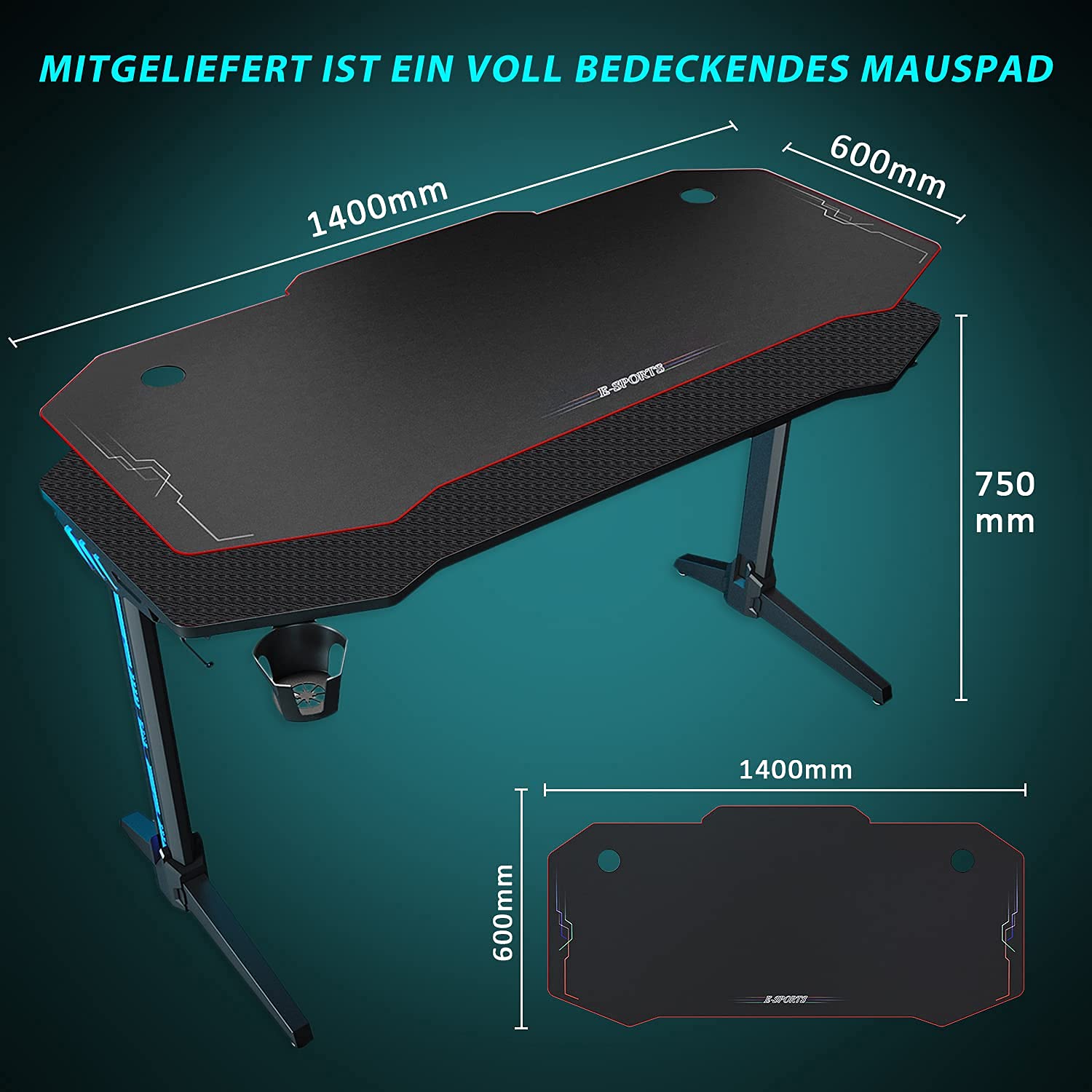 SONNI Gaming Tisch mit LED,140cm großer Oberfläche/PC Tisch/Gaming Desk,2-3 Monitore aufstellbar mit Mausunterlage,Getränkehalterung und Kopfhörerhaken