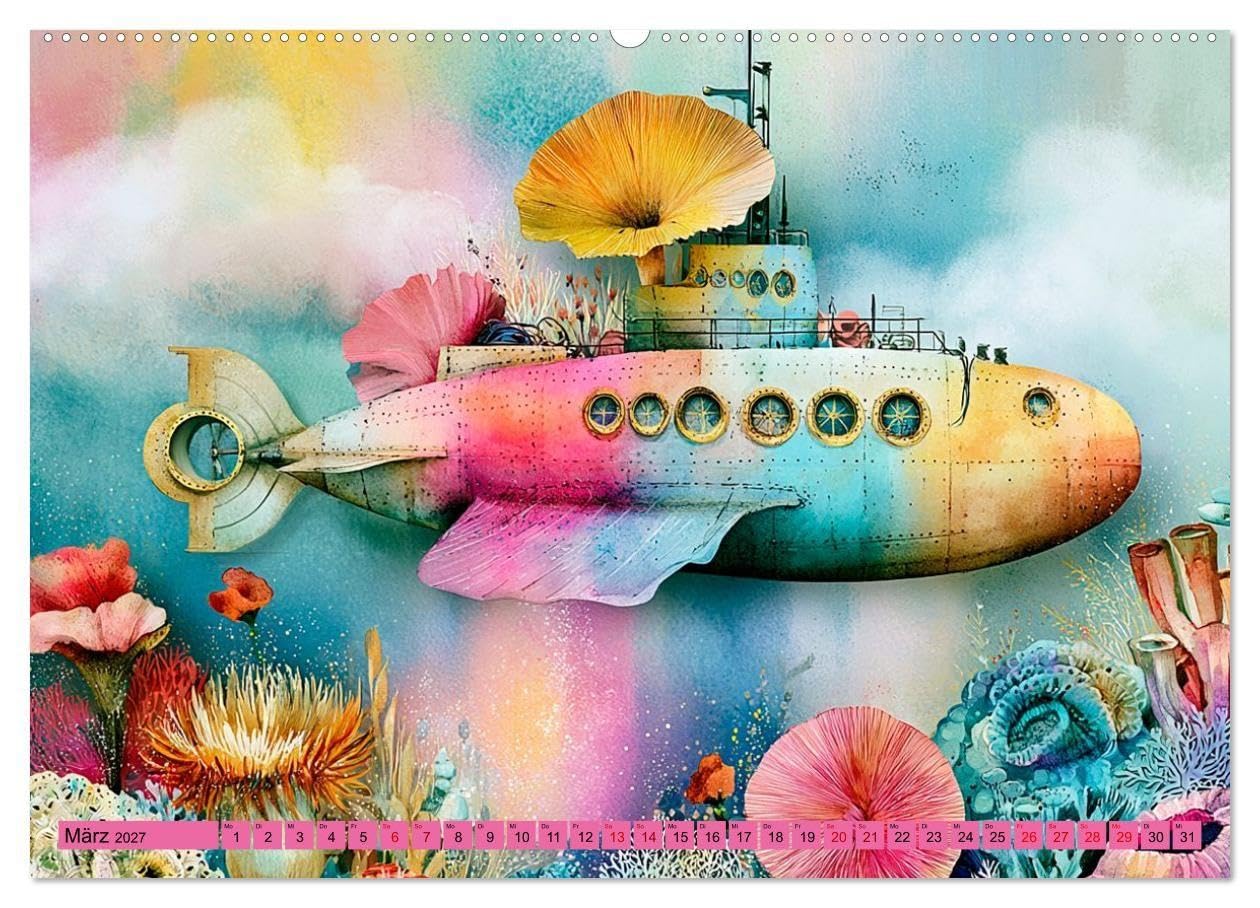 Zwischen Blütenmeer und Bullauge (hochwertiger Premium Wandkalender 2027 DIN A2 quer), Kunstdruck in Hochglanz: Fantasievolle KI-Kunst voller ... zwischen Korallen und Fantasie