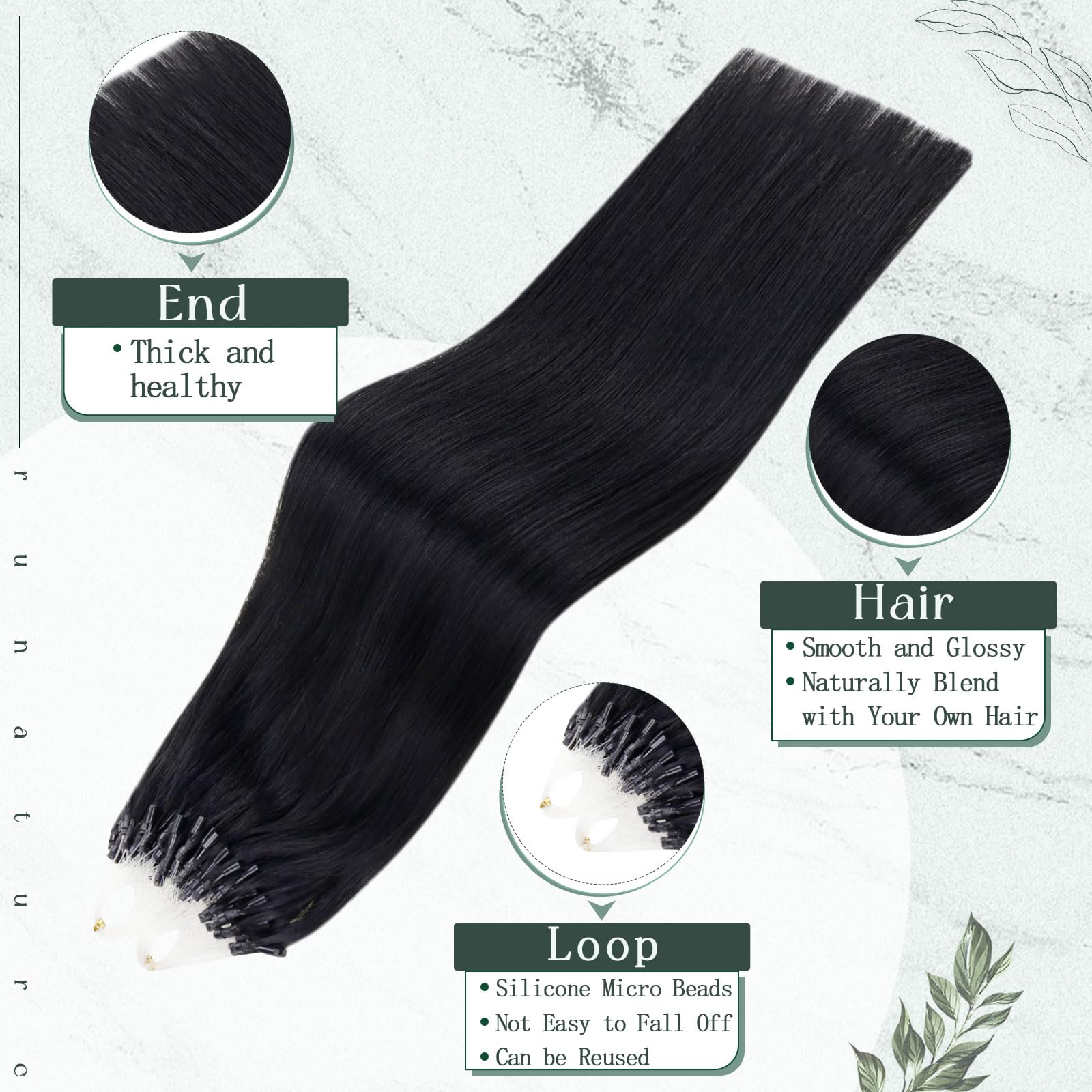 RUNATURE Micro Loop Hair Extensions Real Human Hair Jet Black Micro Hair Extensions Natural Looking Cold Fusion Remy Straight Black Micro Beads Hair 16inch 50s 50g #1 - Image 2