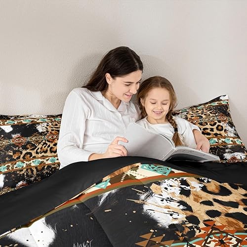 Miniatura 3 de Erosebridal Juego de edredón con estampado de guepardo, juegos de ropa de cama occidental tamaño completo, edredón azteca exótico de piel de vaca en