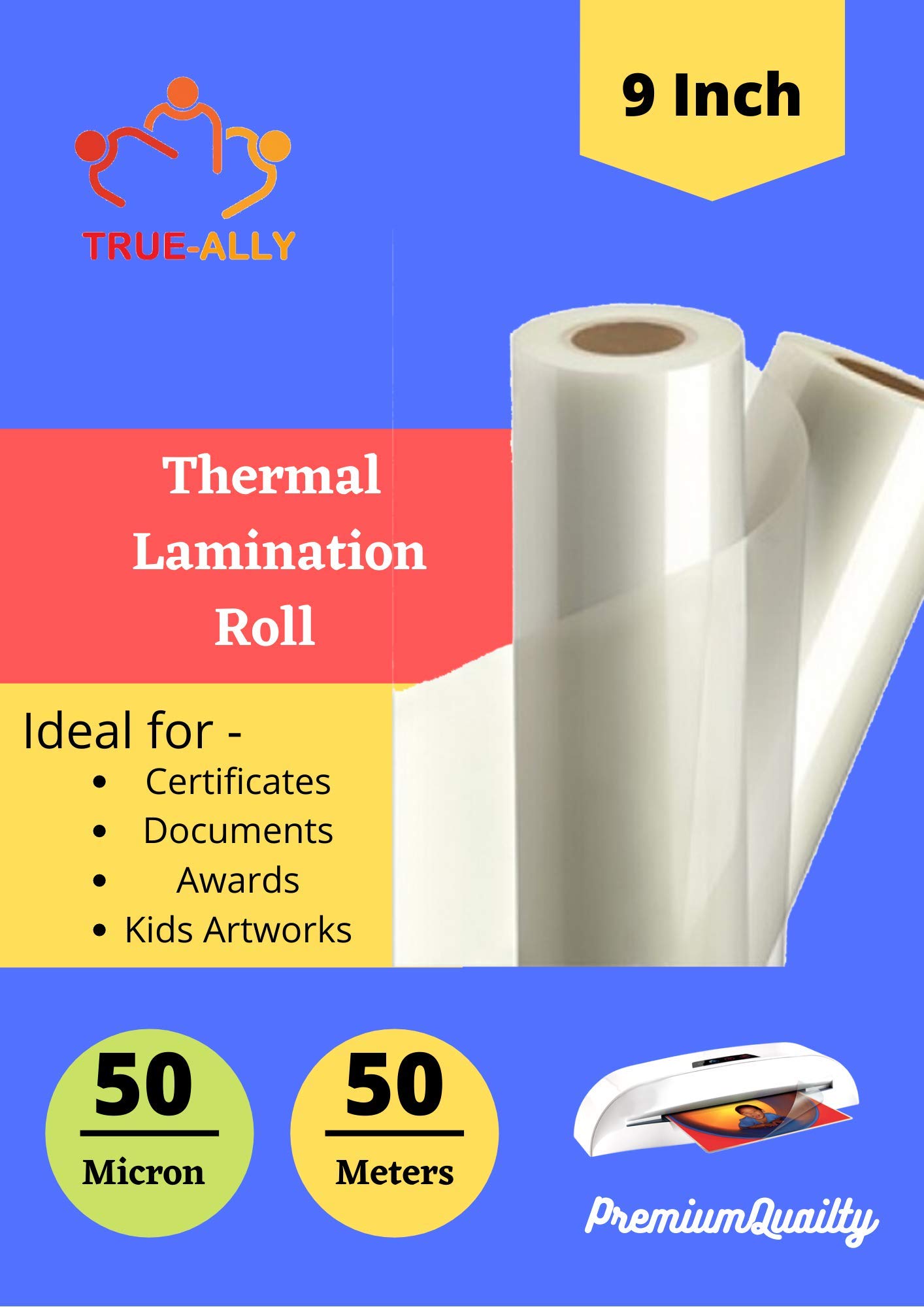 True-Ally Rotolo di laminazione termica 22,9 cm x 50 metri, 50 micron, formato A4, trasparente, lucido, impermeabile, foglio (1 rotolo)