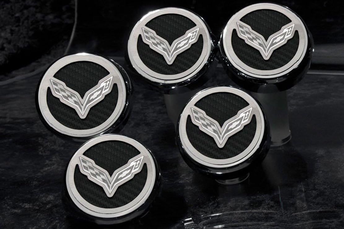 American Car Craft 053013-BLK Black Carbon Fiber Fluid Cap Cover Set, 5 Piece (Corvette Flag Emblem)