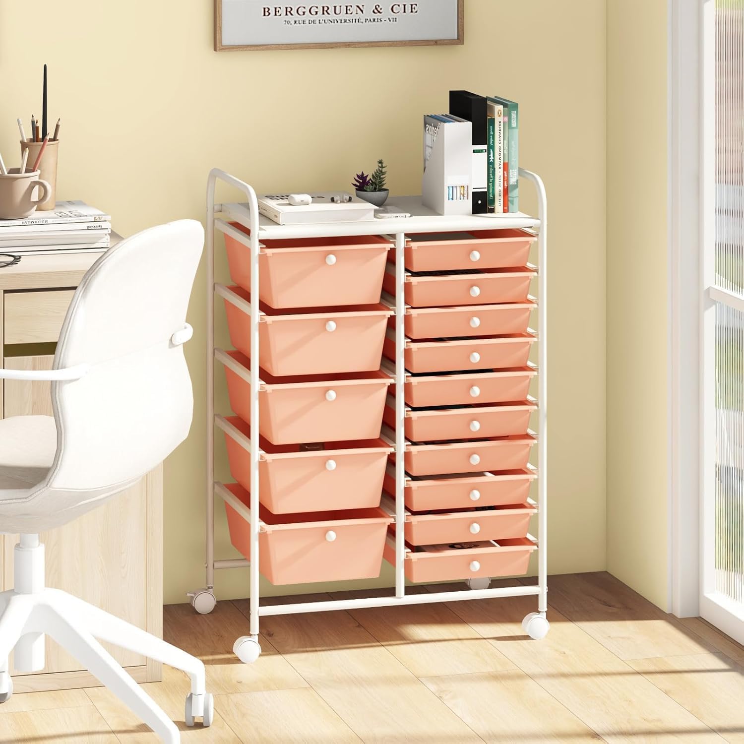 HOMGX 15-Drawer Storage Rolling Cart, Multipurpose Utility Storage Cart w/ 4 Lockable Wheels & Removable Drawers, Plastic Drawer Organizer for Office, Supermarket, Home, School (Peach)