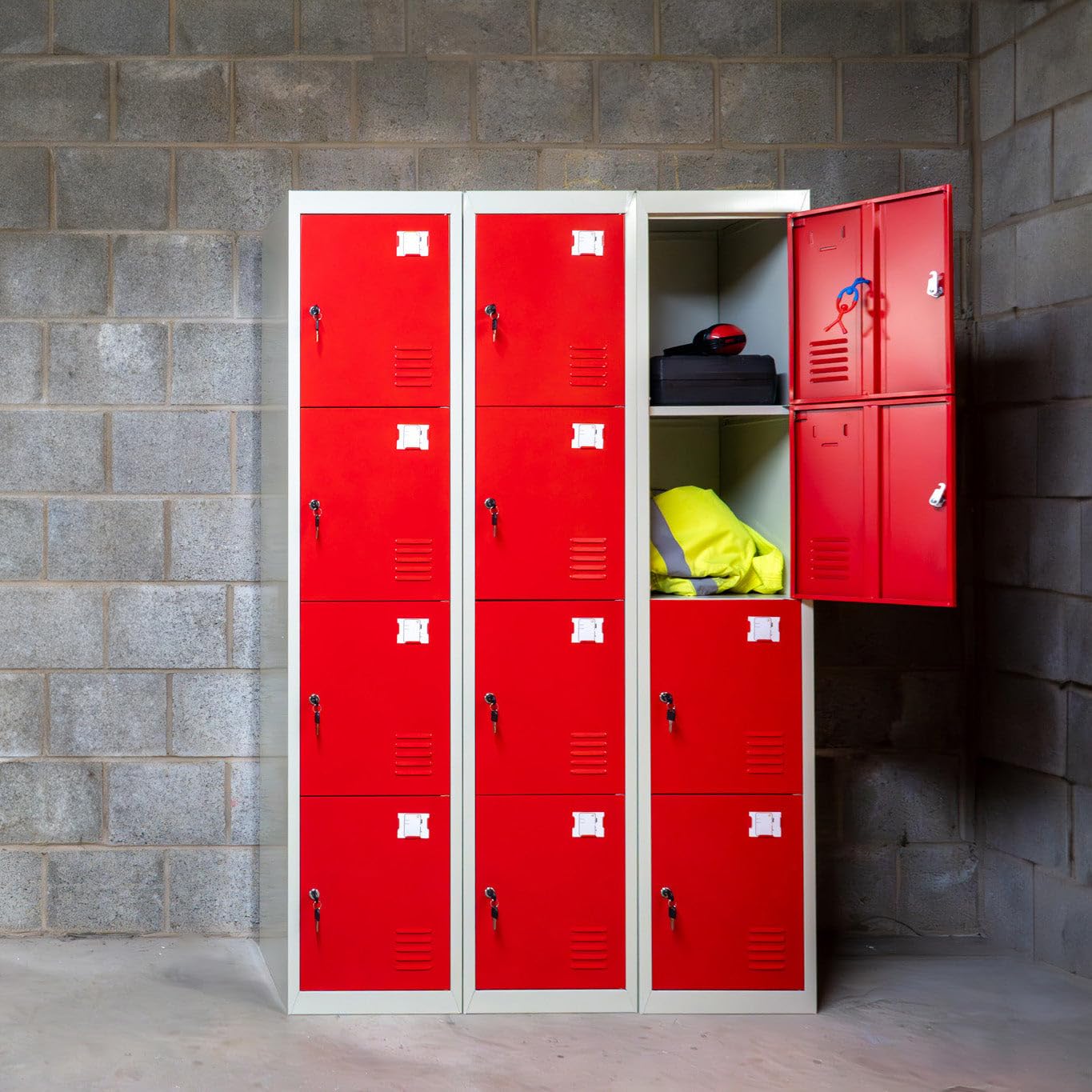 Monster Shop Lot de 3 Rangées de Casier Métallique 4 Portes Rouge Casier Verrouillable Parfait pour Salle de Sport, École, Vestiaire, Atelier, Entrepôt [Clés INCLUSES] Livré assemblé
