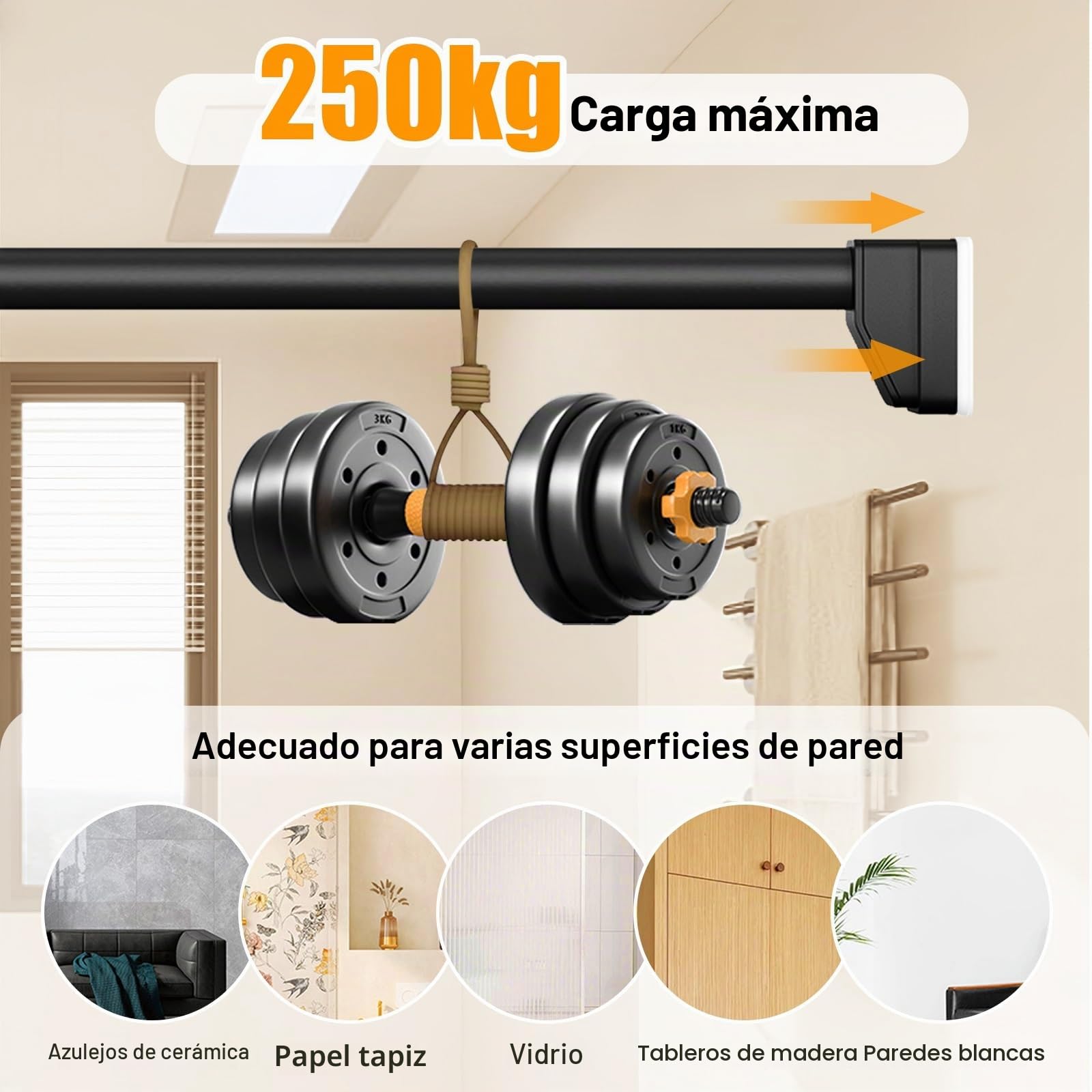 Asta telescopica regolabile, 40-490 cm, senza trapano, antiscivolo, in acciaio inox, ideale per porte di bagno e armadi, colore: grigio (70-120 cm)