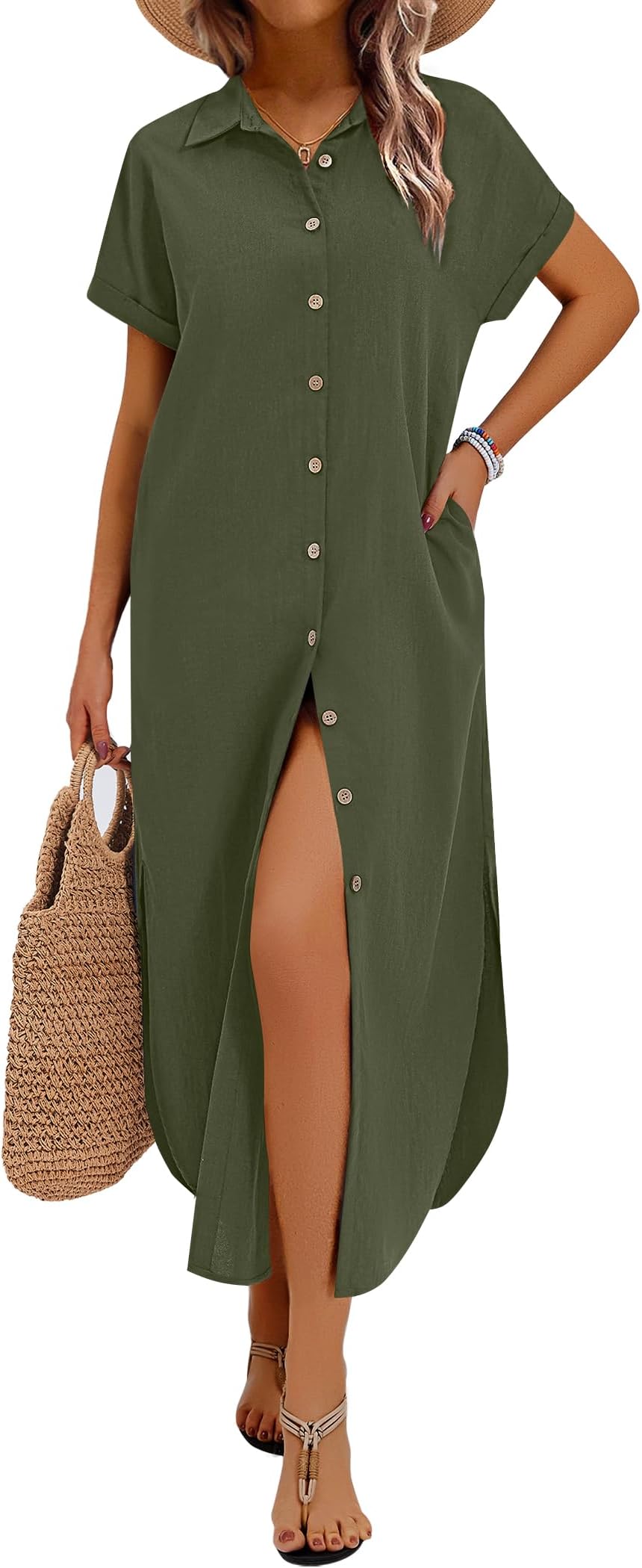 Womens Dresses Casual Summer Short Sleeve Button Down Long Shirt Dresses Swimsuit Beach Cover Ups with Pockets