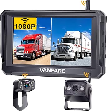 Amazon ワイヤレスバックモニター ワイヤレスリアカメラ ５インチモニター 双車載カメラ 2 4gデジタル信号 Diyガイドライン 1080p 正像 鏡像切替 12v 24v対応 重機対応 ノイズ対策 電磁波干渉防止 暗視機能 Ip69k防水 常時使用可能 Vanfare V 12 オンダッシュモニター